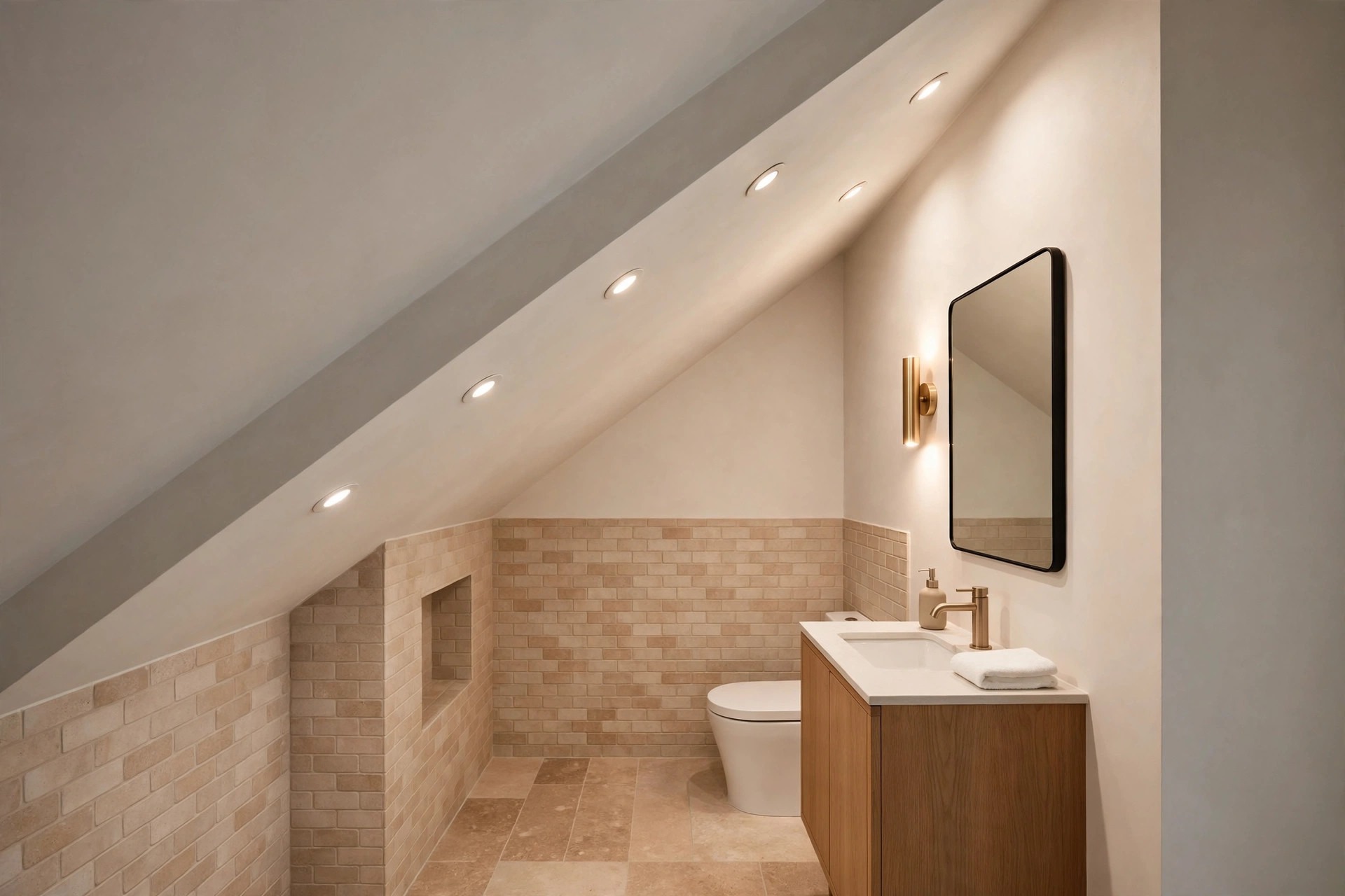 Recessed lights fitted along a sloped ceiling above a wood vanity and mirror, with a wall light beside the mirror