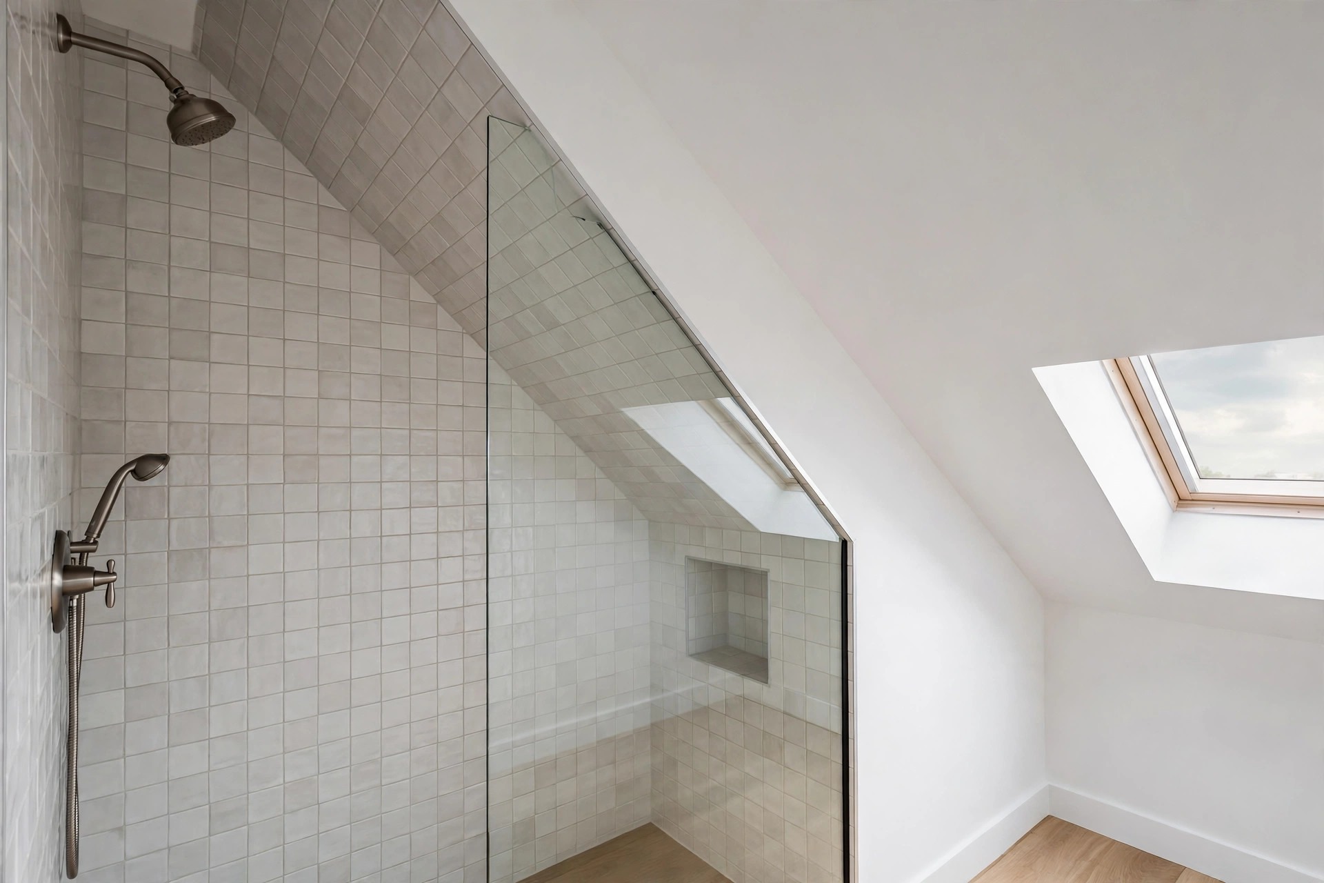 Shower with light square tile running from the wall up the sloped ceiling, a glass panel, and a tiled niche