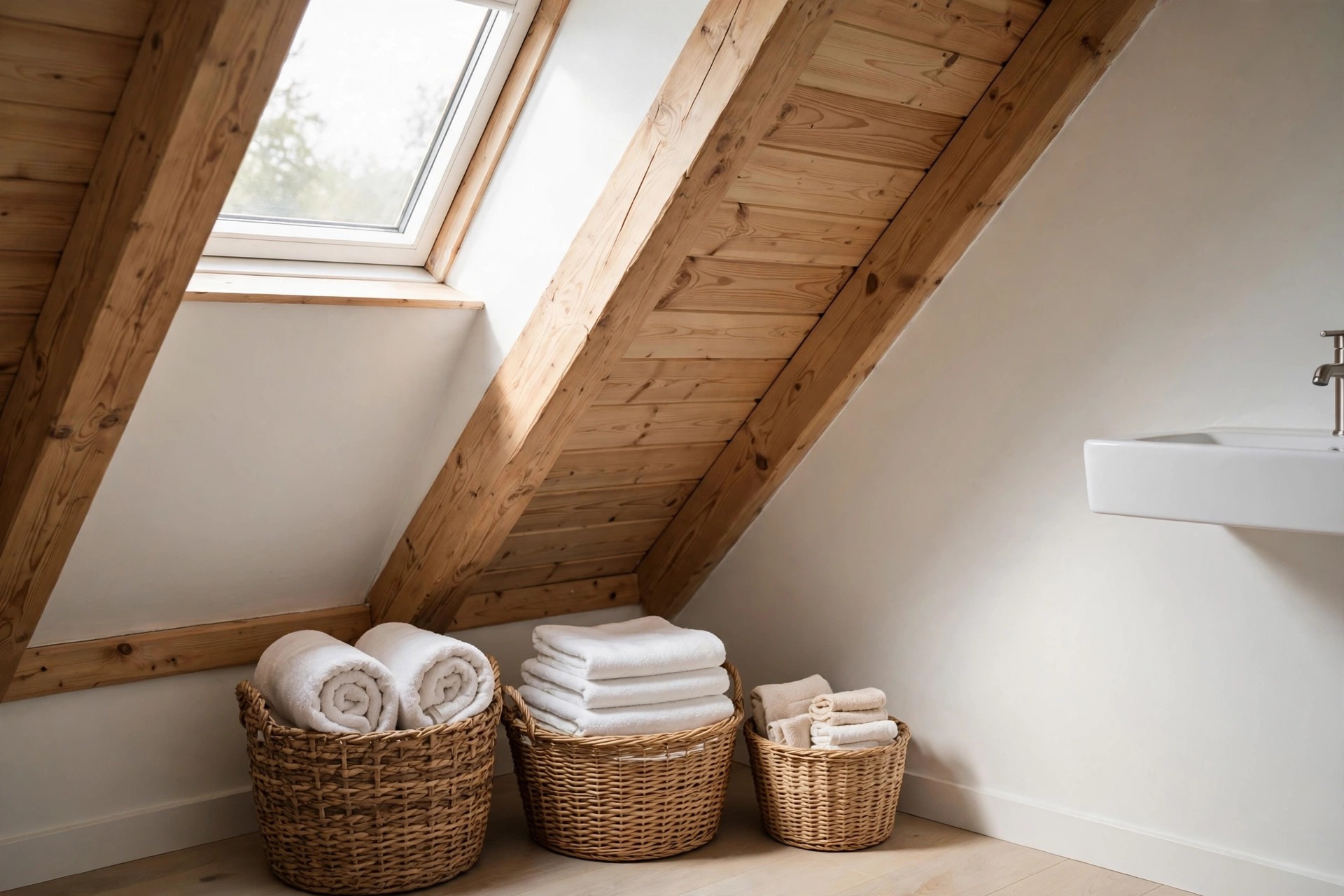 Three woven baskets of different sizes with rolled and folded white towels along the low edge under a wood beamed slope