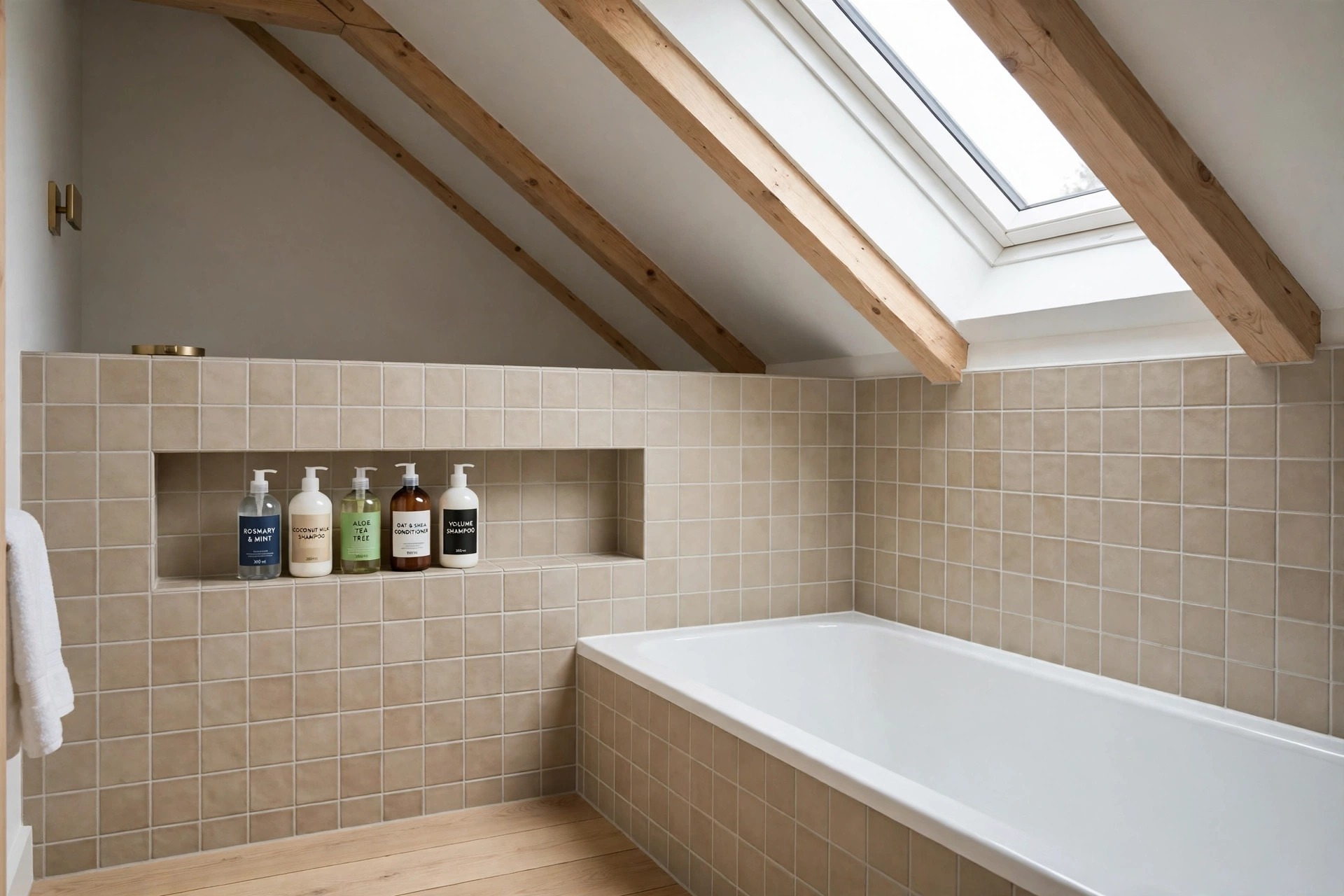 Wide shallow tiled niche in a low wall beside a white tub under a sloped ceiling, holding five pump bottles in a row