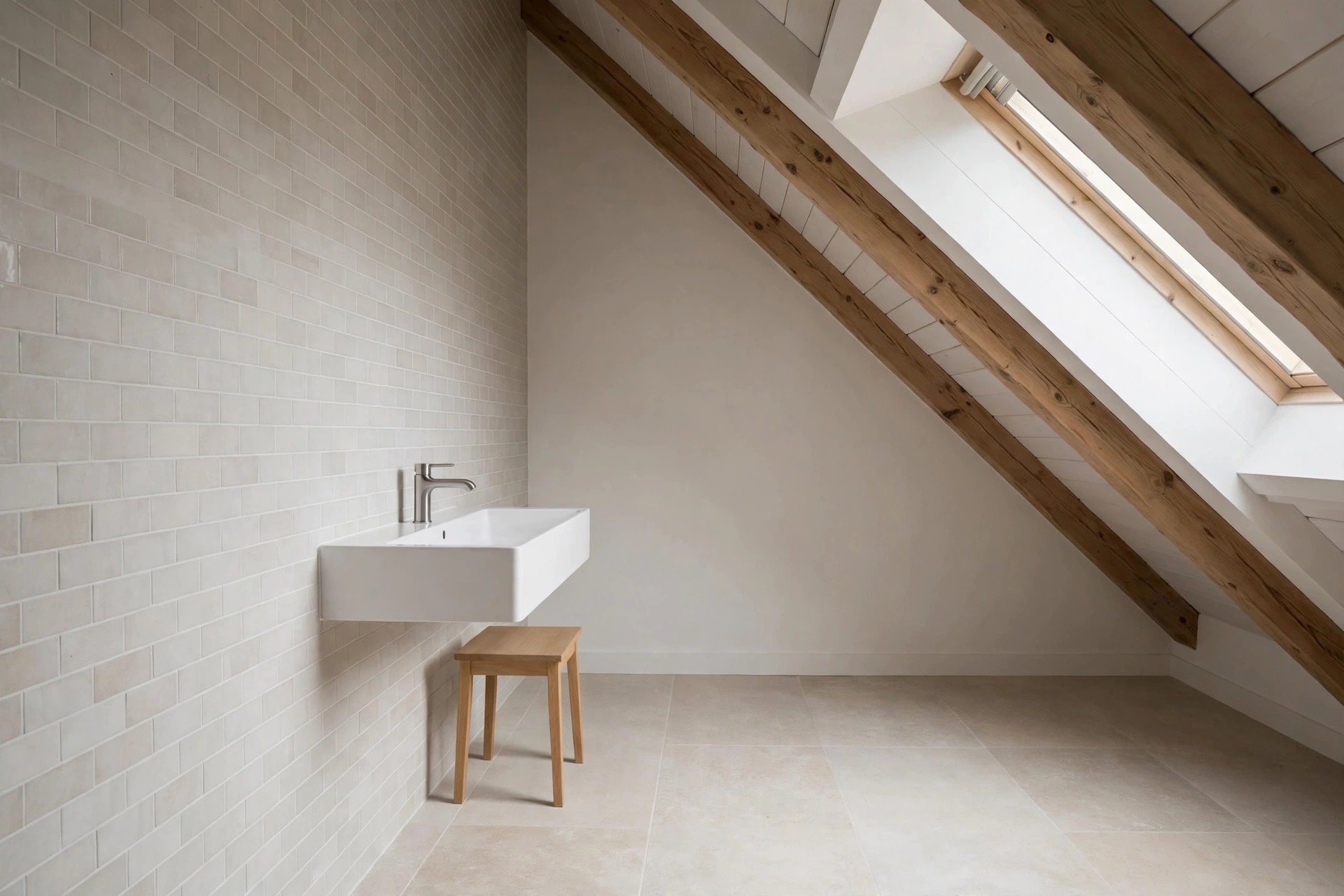 Slim white wall hung sink on a tiled tall wall, with a small wood stool underneath and a sloped ceiling with a roof window