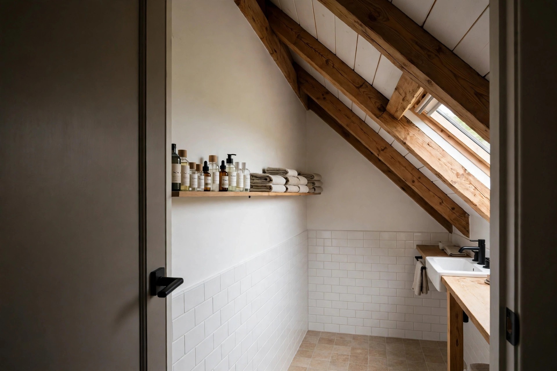 Slim wood shelf with bottles and folded towels on the wall behind an open door in an attic bathroom with a sloped ceiling