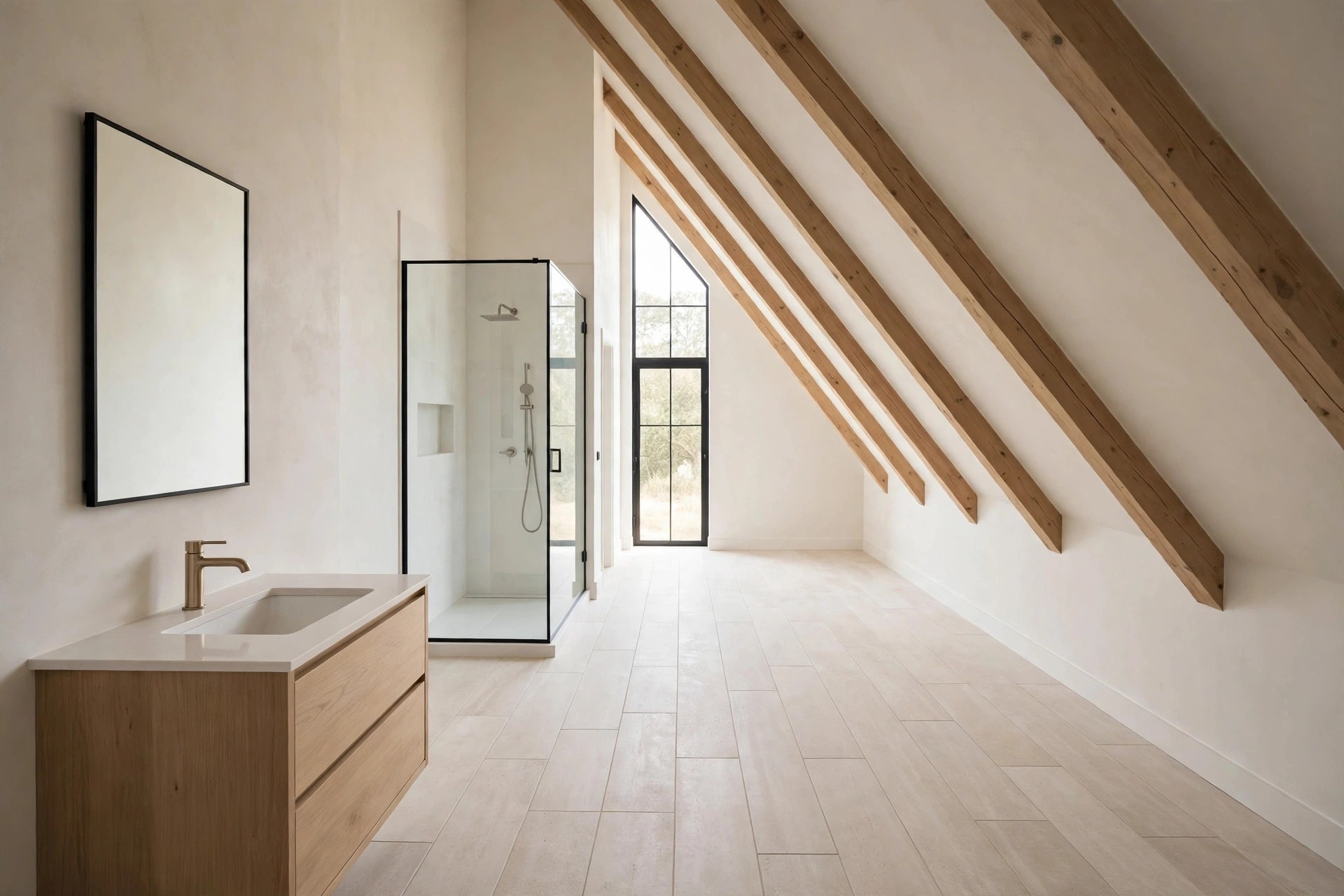 Long light floor tiles running along a long attic bathroom toward a tall window, with a sloped beamed ceiling down one side