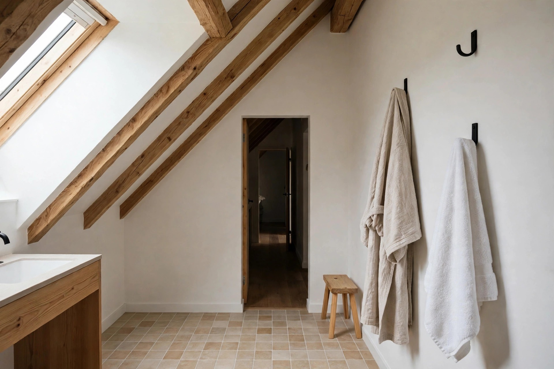 Open tall end of an attic bathroom with clear floor, a robe and a white towel on hooks on the wall, and a small wood stool