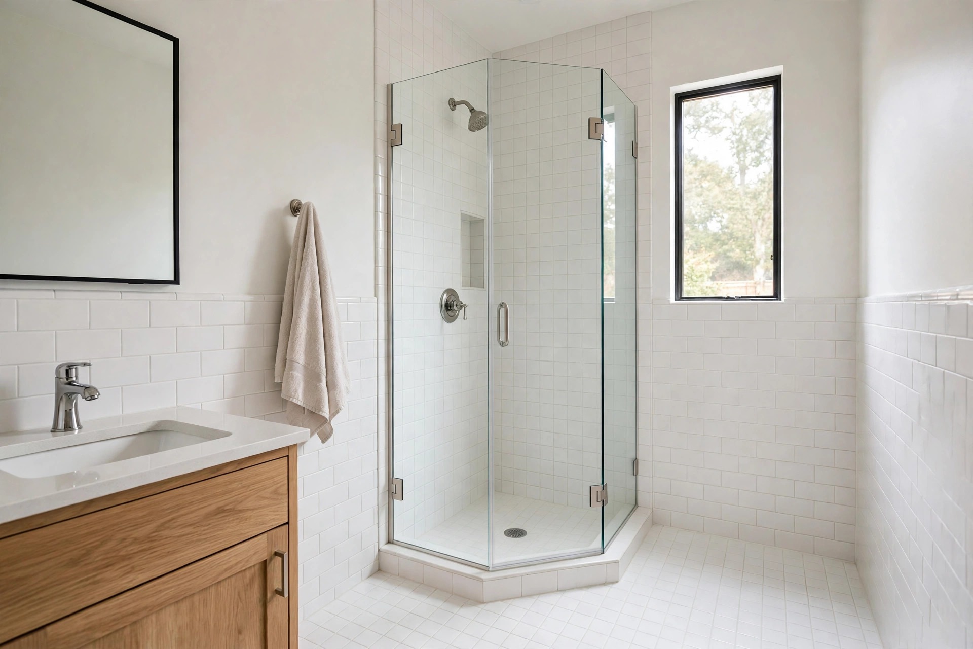 Neo-angle glass corner shower with white tile beside a wood vanity, a beige towel on a hook and a tall window