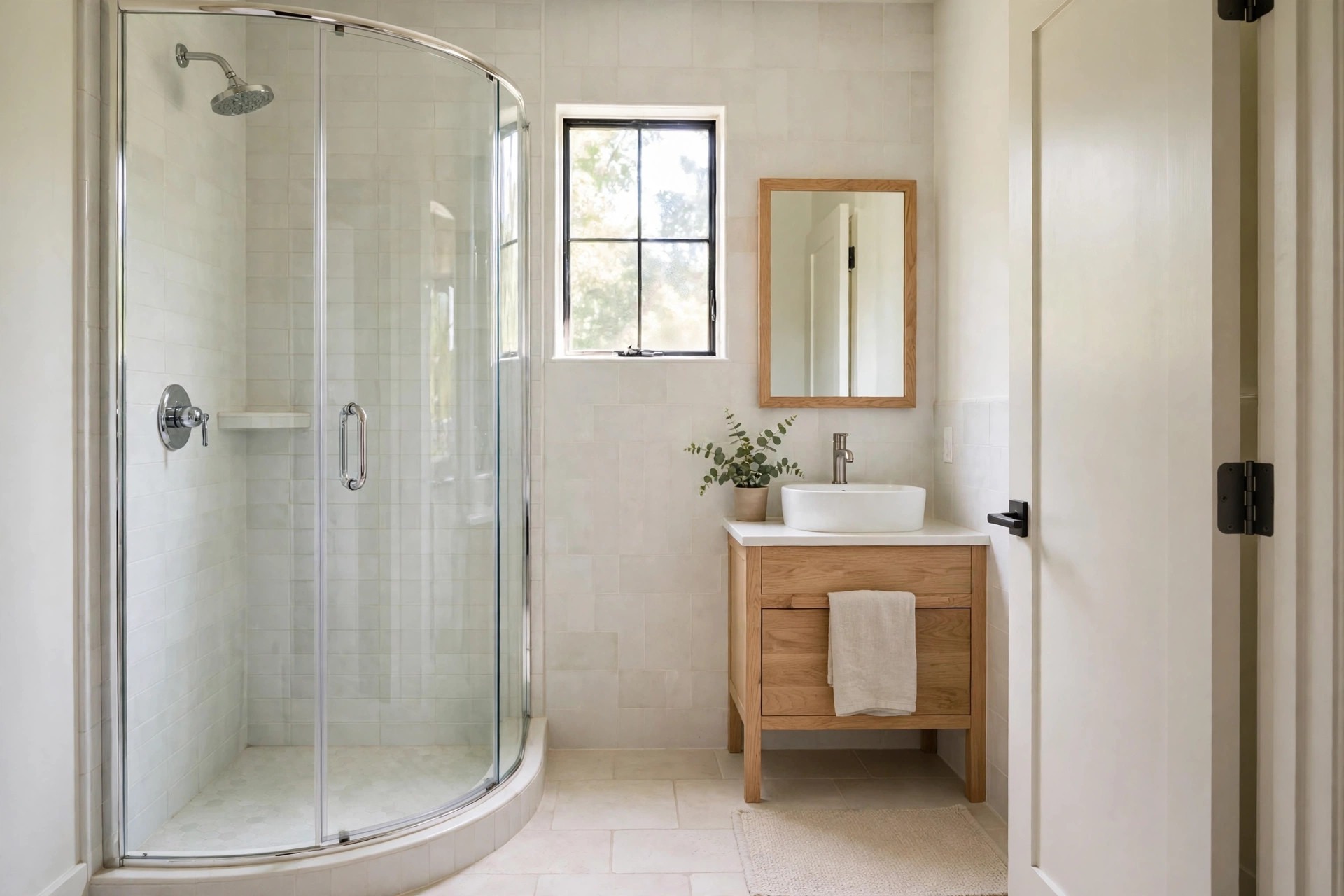 Curved quadrant glass corner shower beside a small wood vanity with a vessel sink and a white door part open