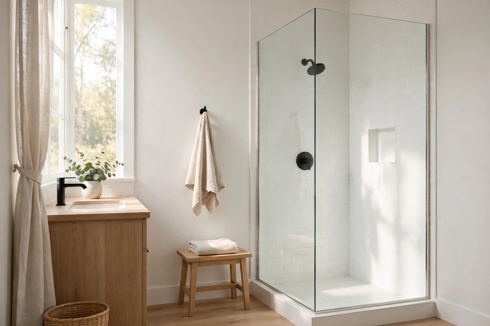 Frameless clear glass corner shower with white tile beside a wood vanity under a tall window and a stool with a folded towel