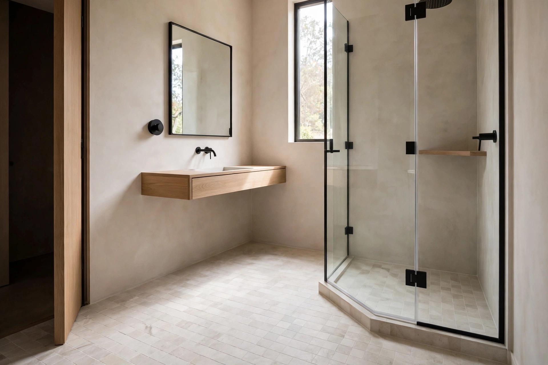 Corner shower with black hinges and one pale tile floor running through the room to a floating wood vanity