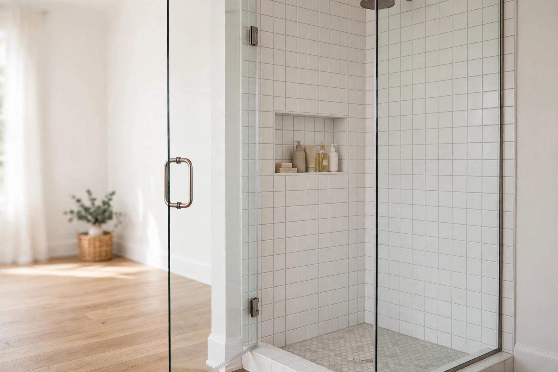 Recessed niche with neat bottles and soap inside a white tiled corner shower behind a glass door