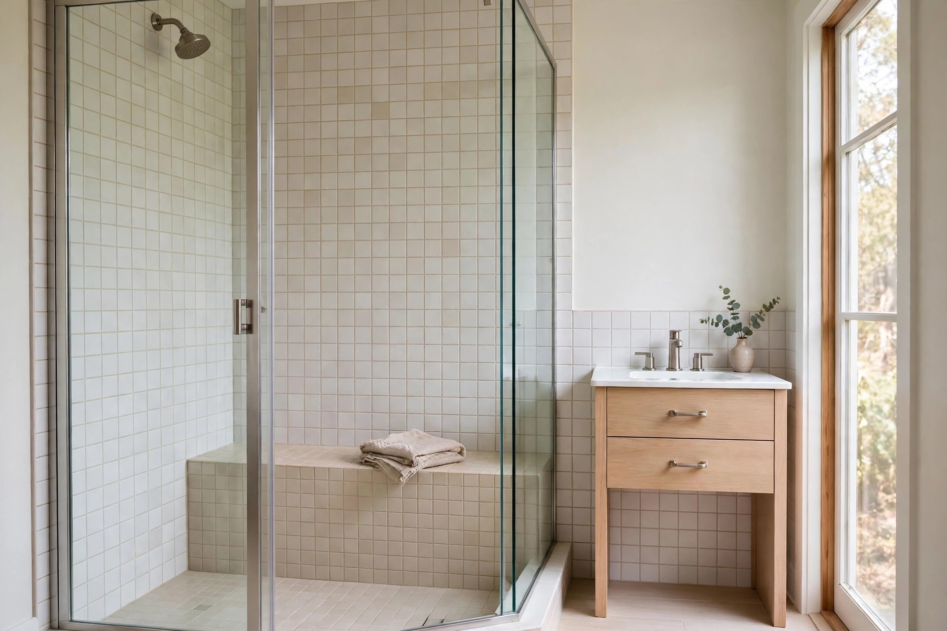 Wide tiled bench ledge with a folded beige towel inside a glass corner shower beside a small wood vanity