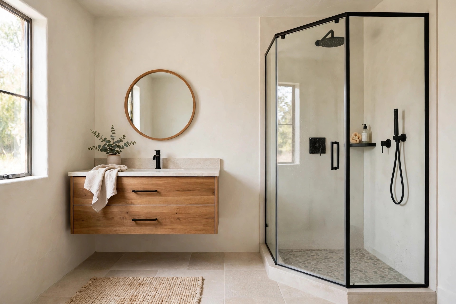 Floating wood vanity with a round mirror opposite a black framed glass corner shower and a woven bath mat