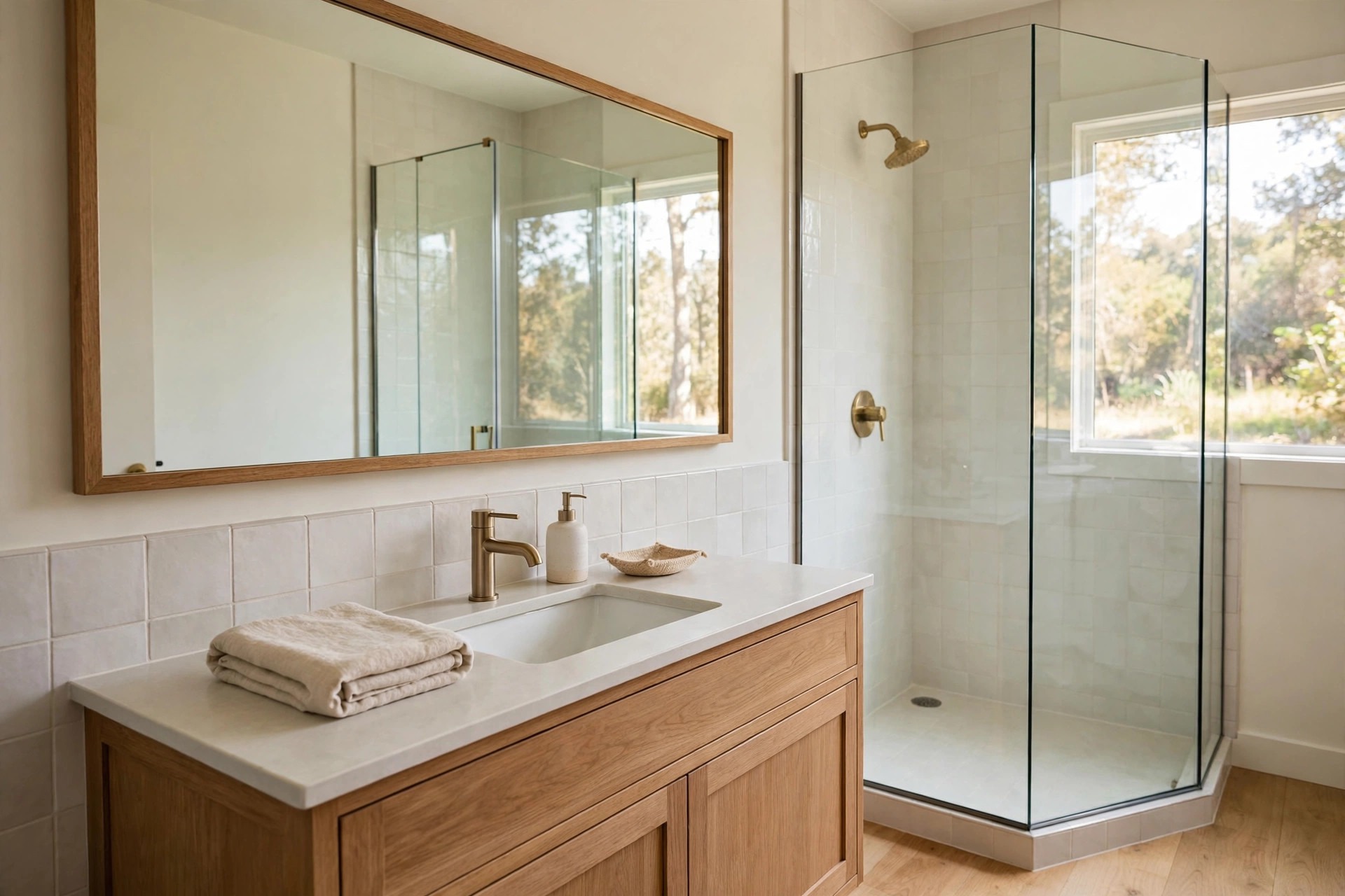 Wide wood framed mirror reflecting a glass corner shower above a wood vanity with a folded beige towel
