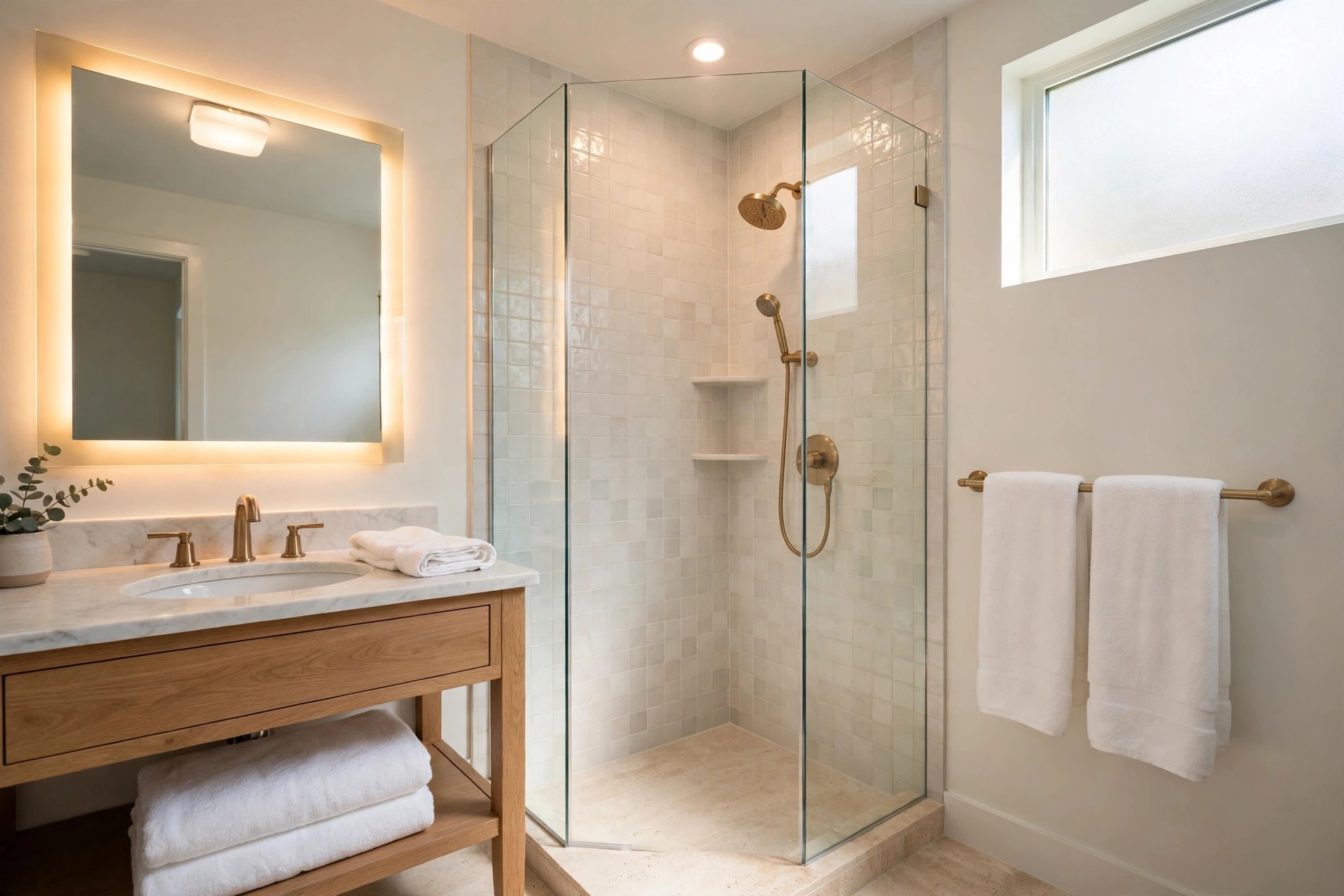 Backlit mirror and ceiling light brightening a glass corner shower with white towels on a brass rail