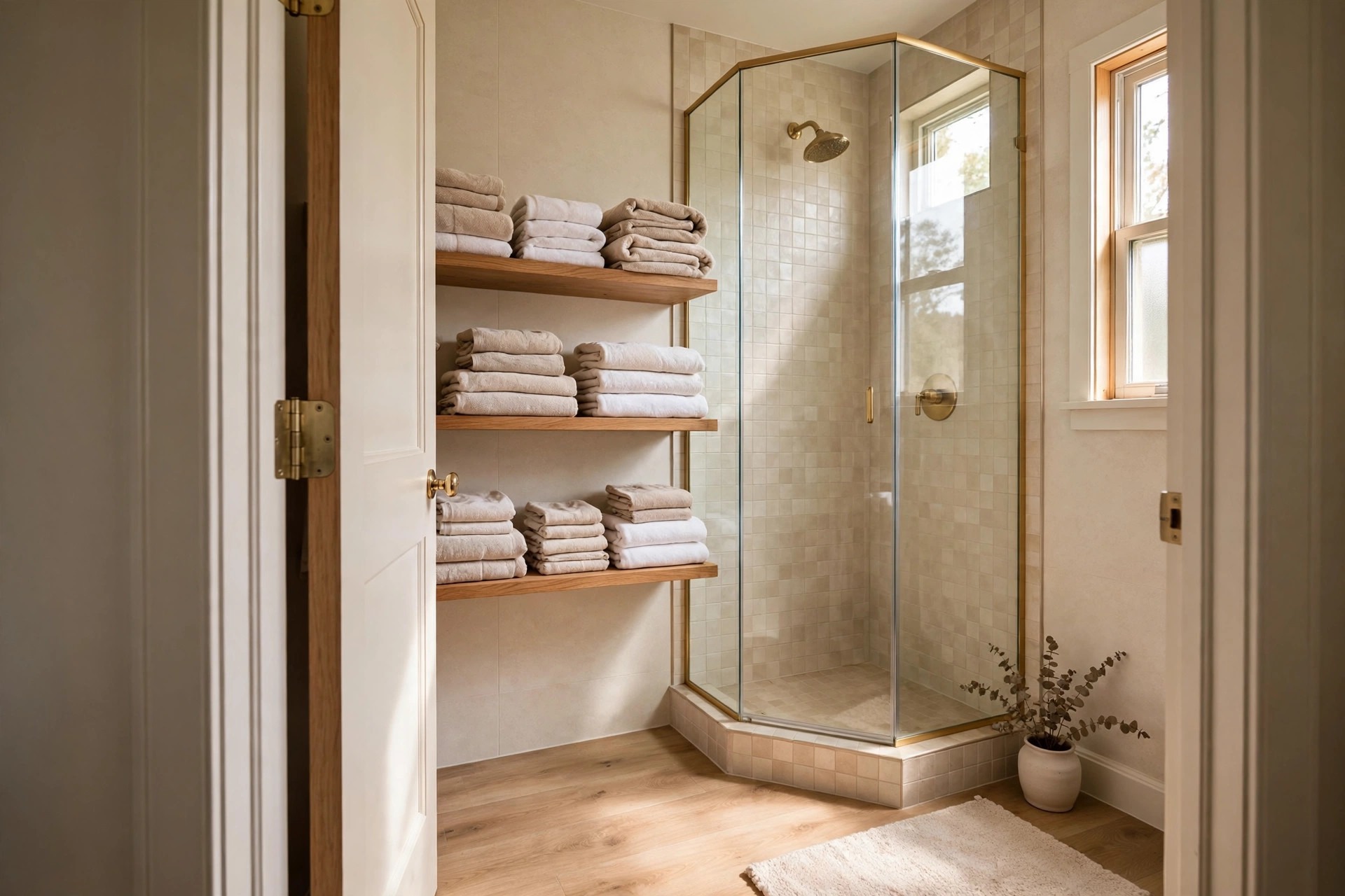 Open door beside three wood shelves of folded towels next to a gold framed glass corner shower