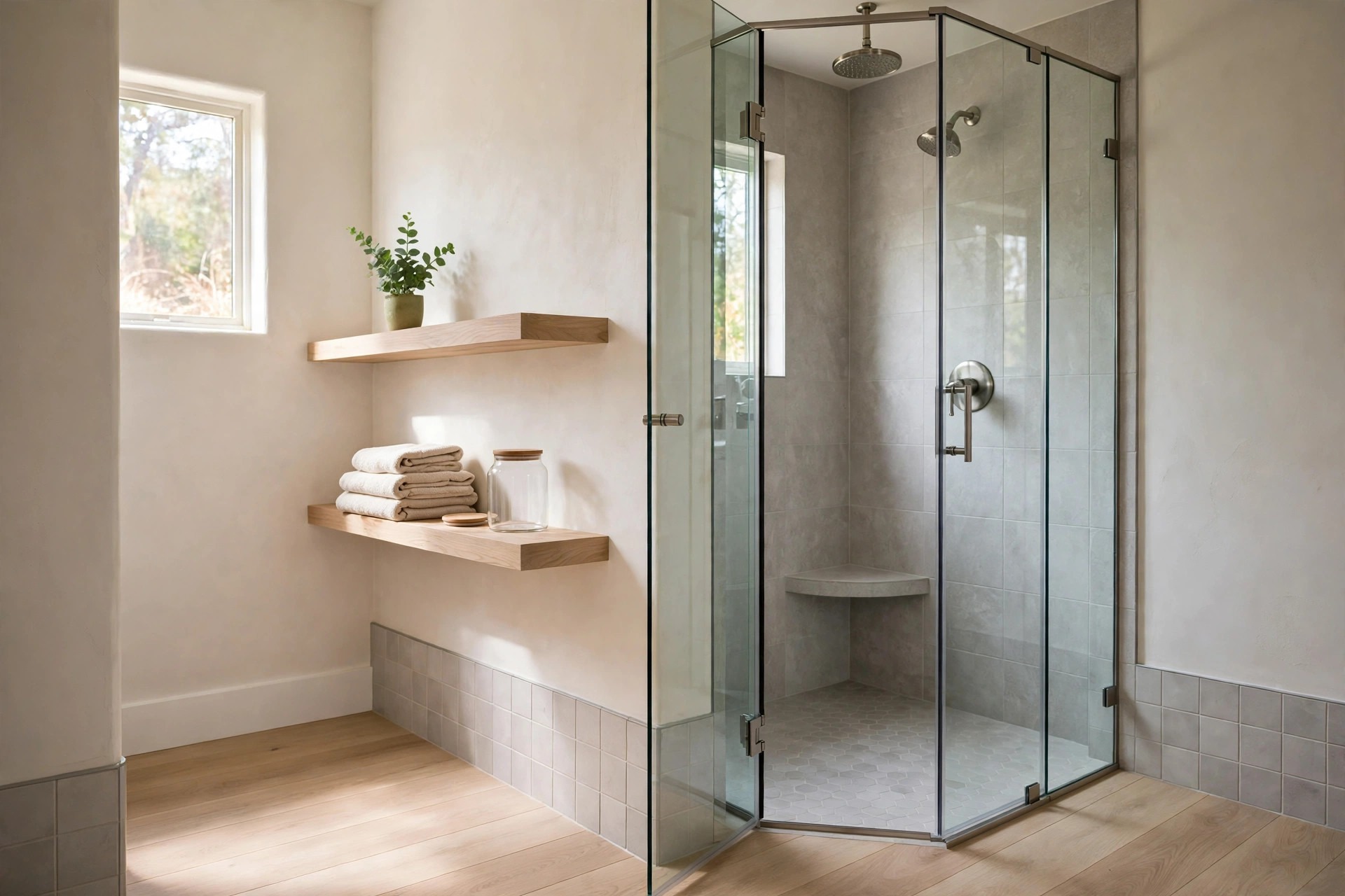 Two wood floating shelves with folded towels, a clear jar and a small plant beside a glass corner shower