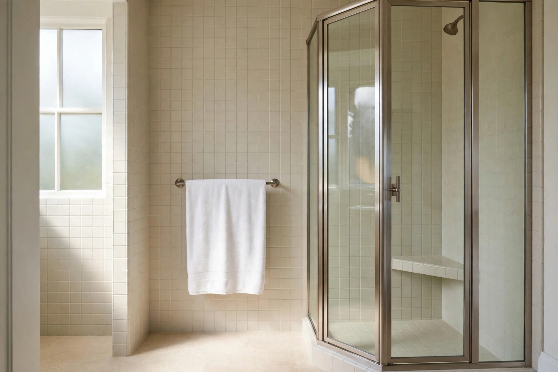 White towel hanging flat on a short rail on a tiled wall right beside a framed glass corner shower