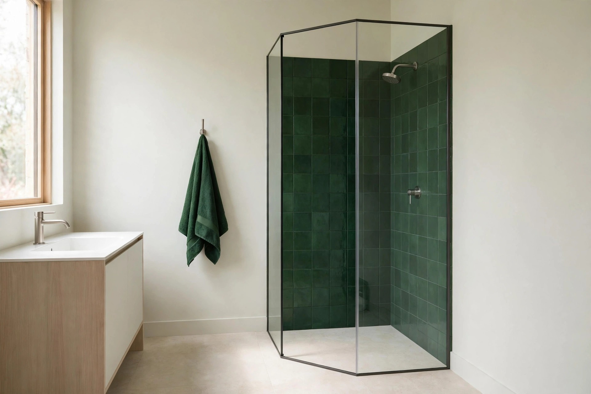Corner shower tiled in deep green behind clear glass with a matching green towel and pale walls around it