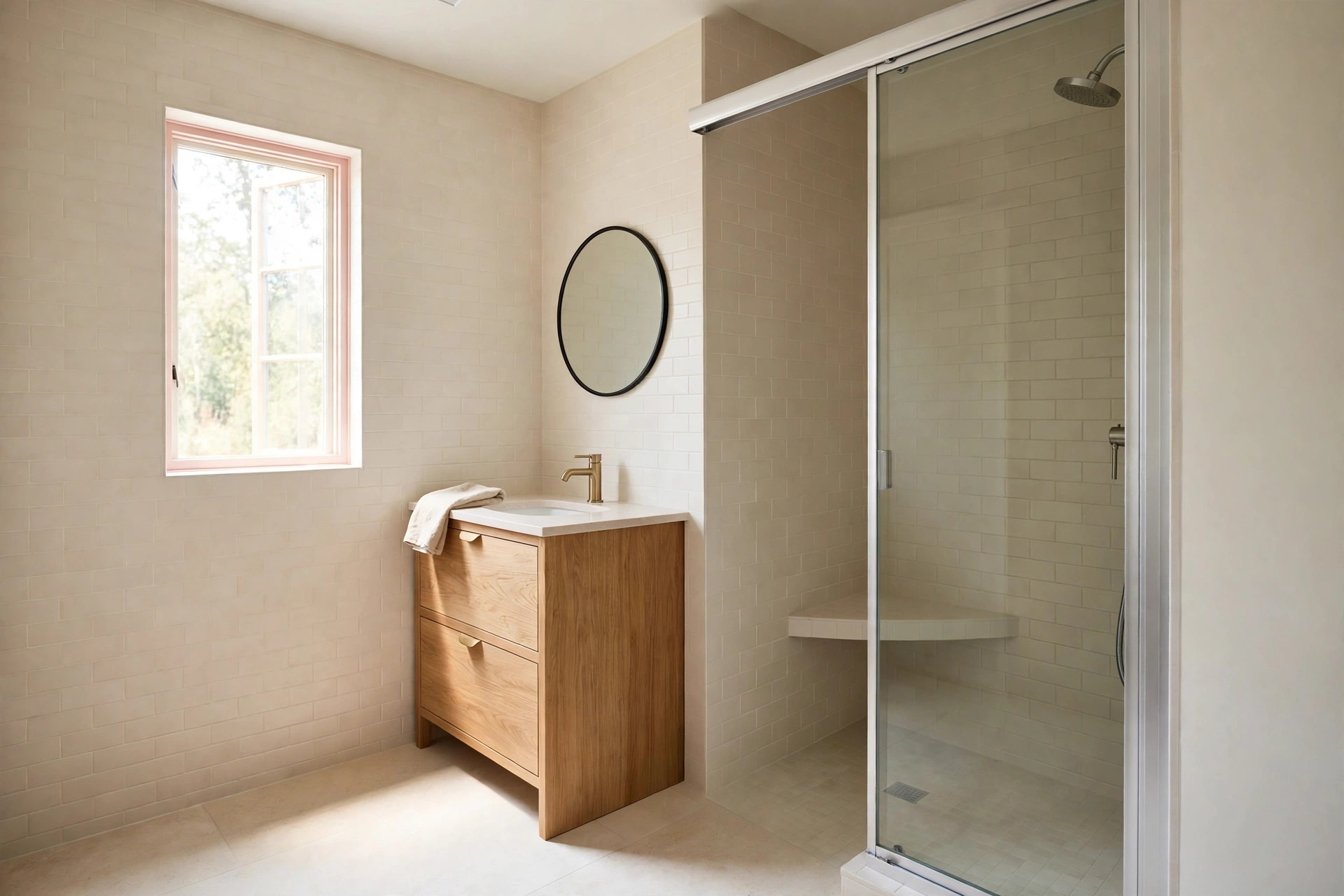 Sliding glass shower door beside a compact wood vanity with a round mirror and a clear gap between them