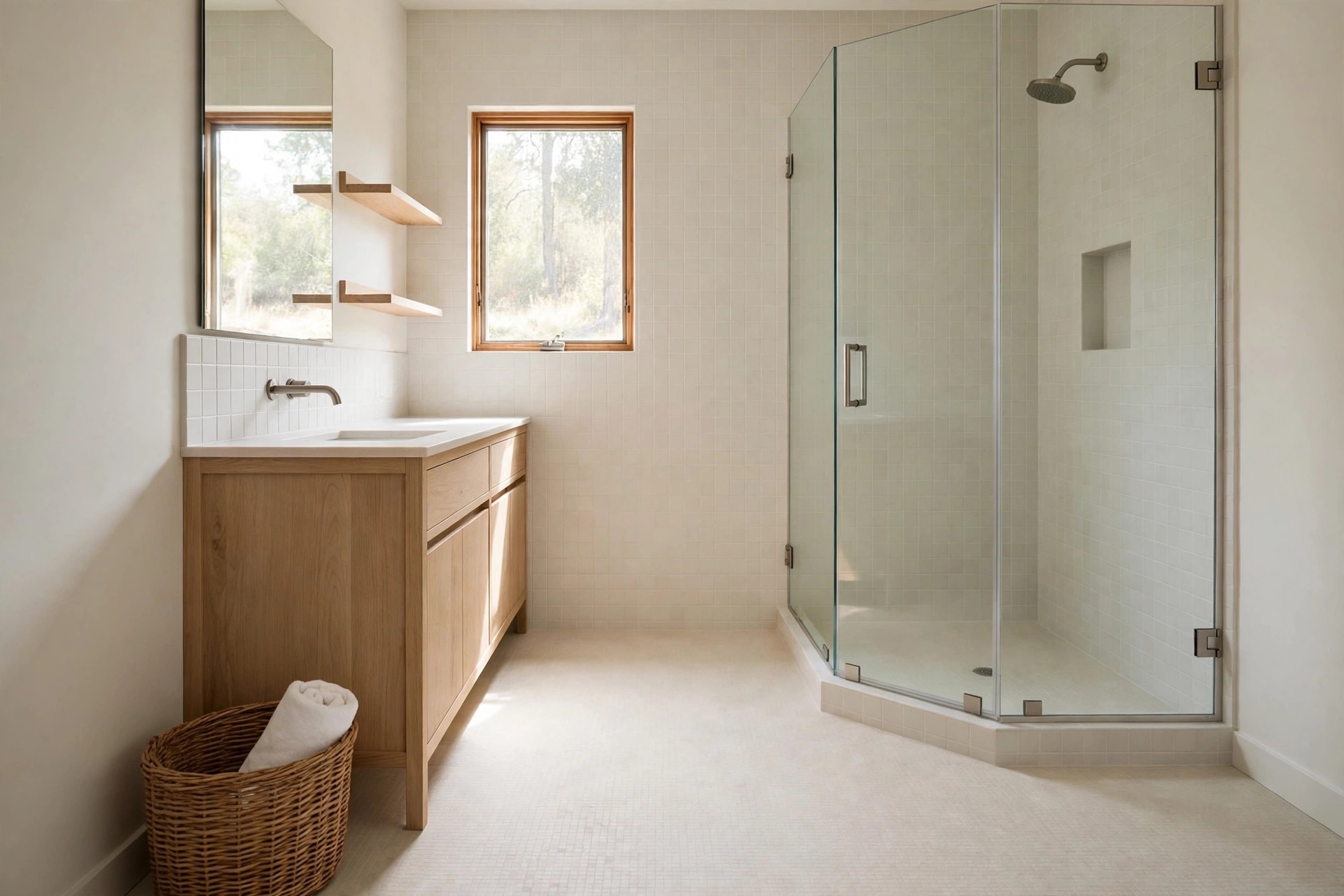 Glass corner shower with a completely clear center floor and a woven basket with a rolled towel at the vanity end