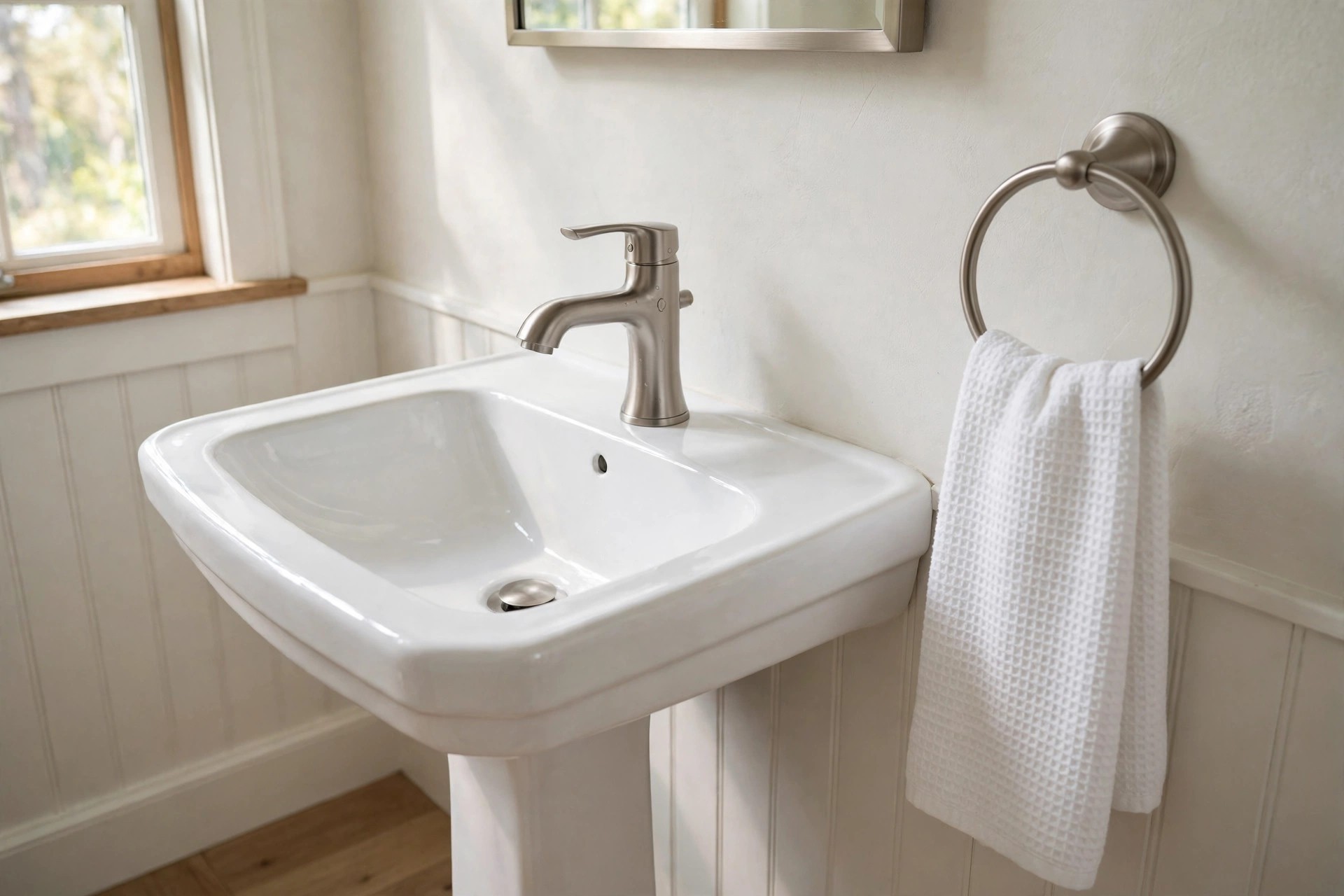 Close view of a white pedestal sink with a brushed metal faucet and a matching towel ring holding a white towel