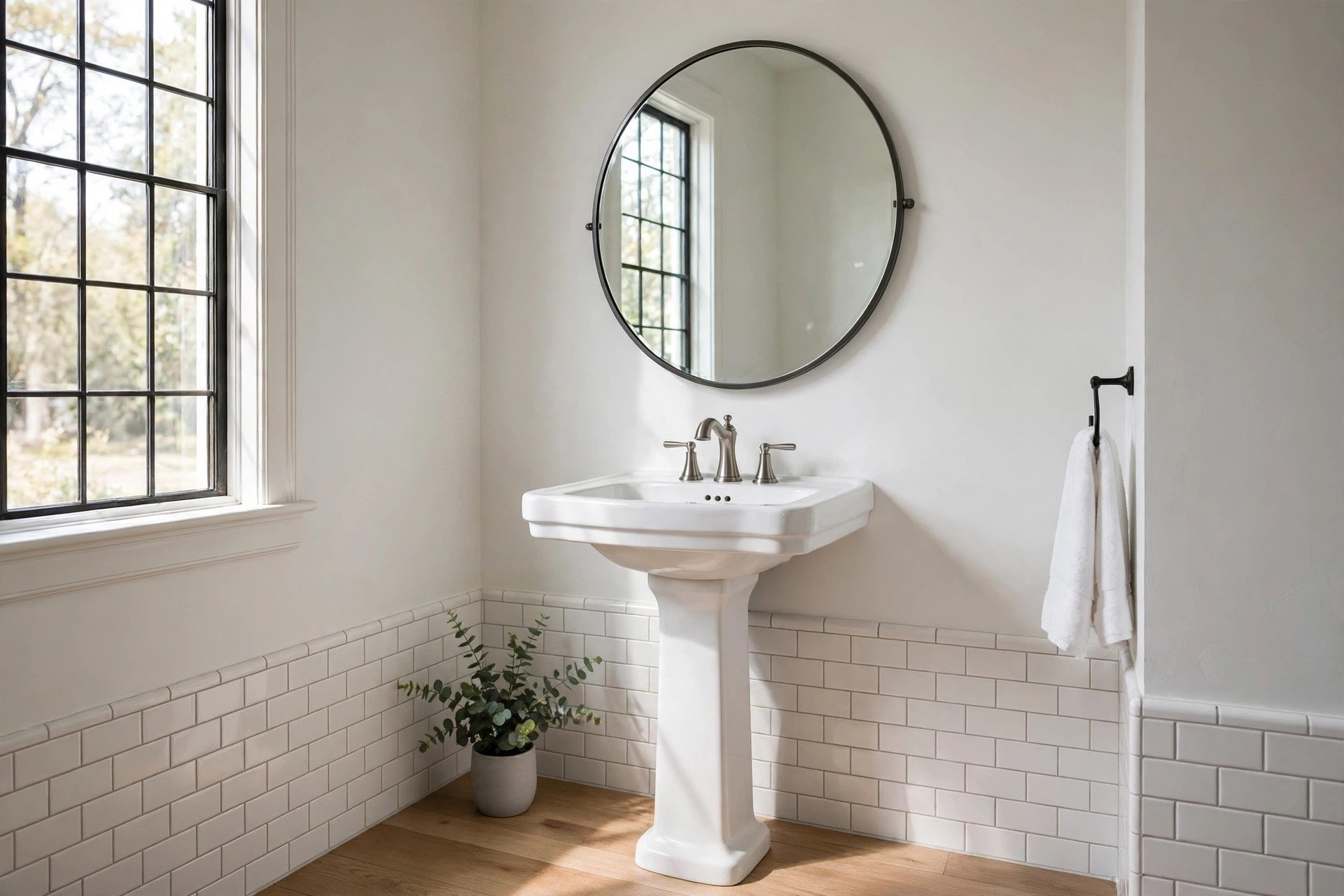 White pedestal sink below a large round black framed mirror beside a tall window with white tile wainscot