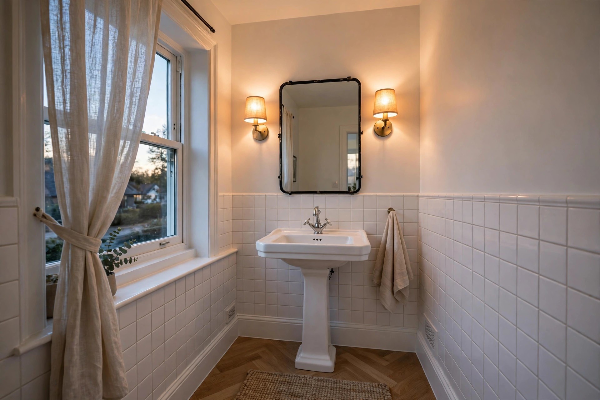 White pedestal sink below a rectangular mirror with a warm glowing sconce on each side above white tile walls