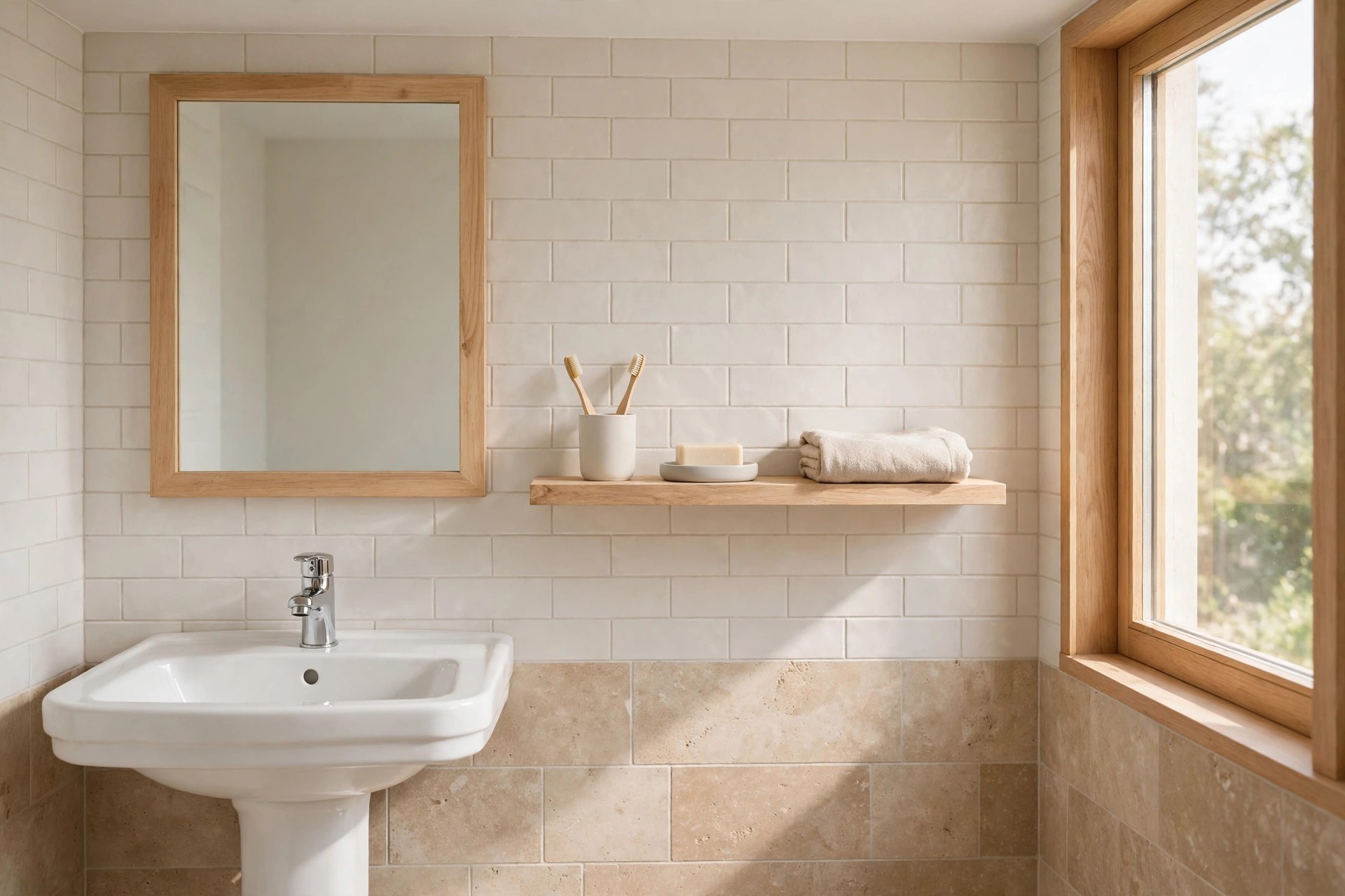 White pedestal sink beside a wood floating shelf holding a toothbrush cup, soap dish and folded towel below a wood framed mirror