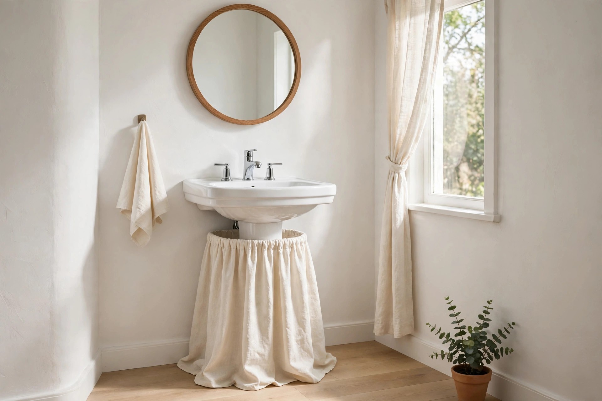 White pedestal sink with a cream fabric skirt around its base below a round wood framed mirror beside a window