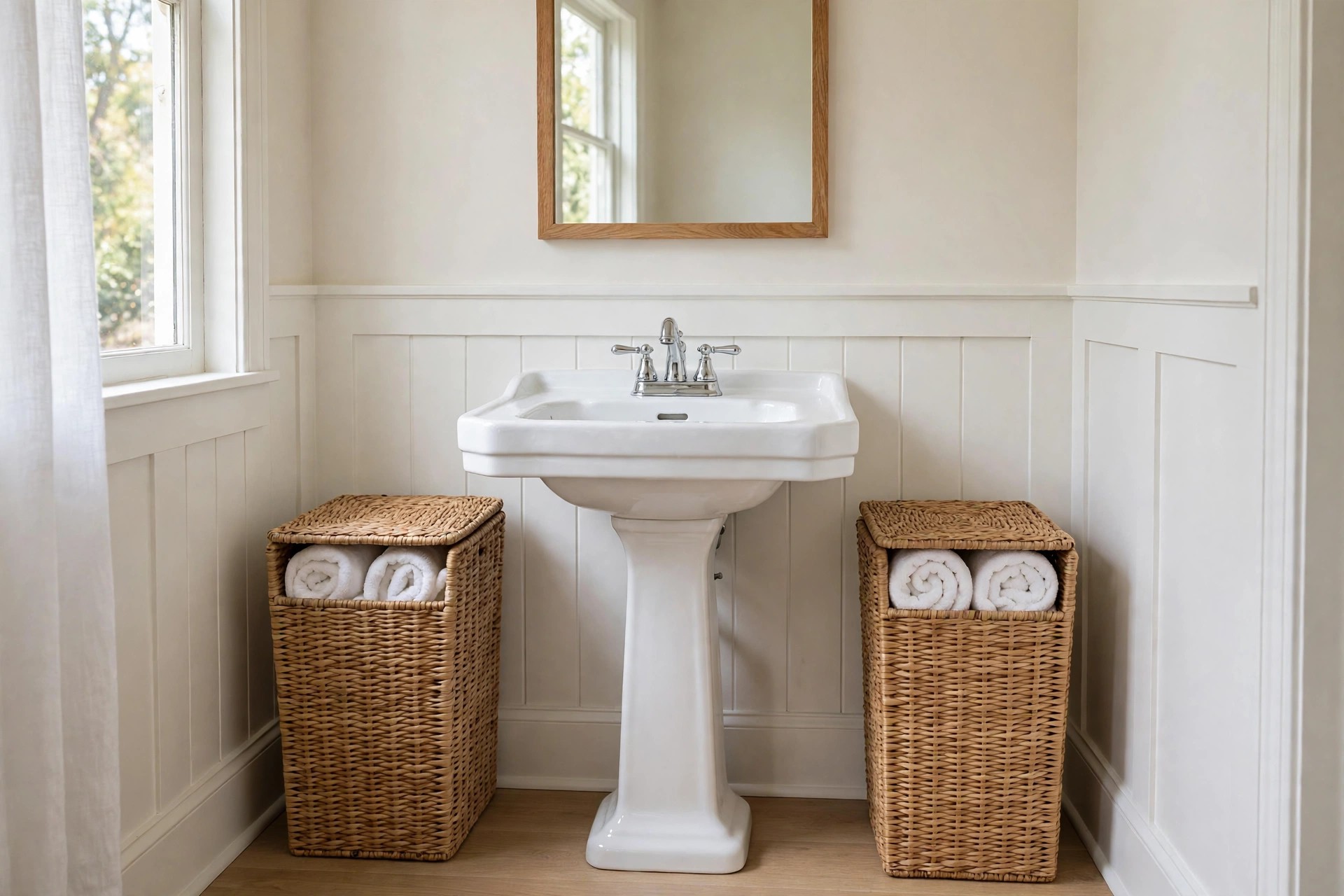 White pedestal sink between two tall woven baskets with lids holding rolled white towels below a wood framed mirror