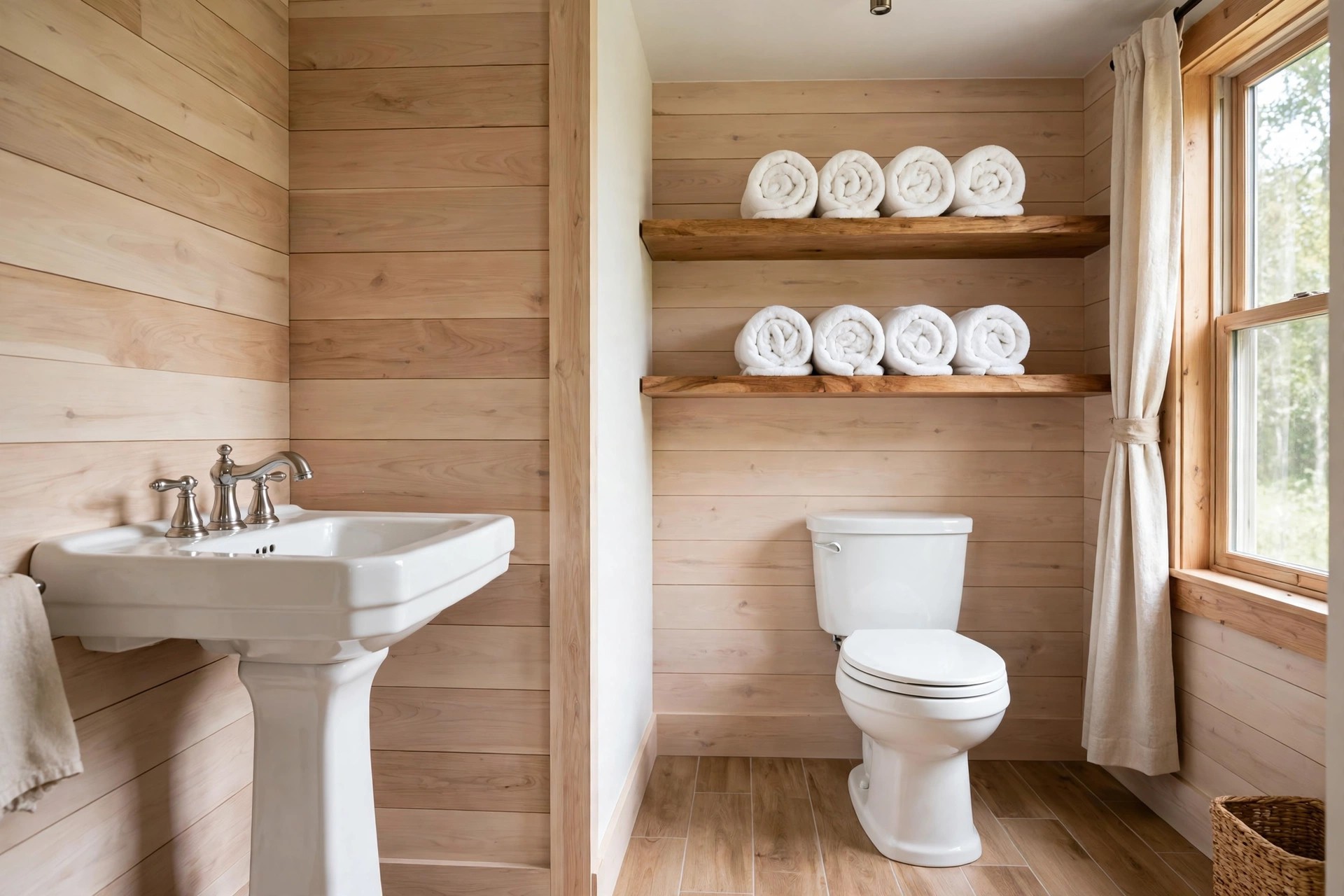 White pedestal sink beside a toilet with two wood shelves above it holding rows of rolled white towels in a wood paneled bathroom