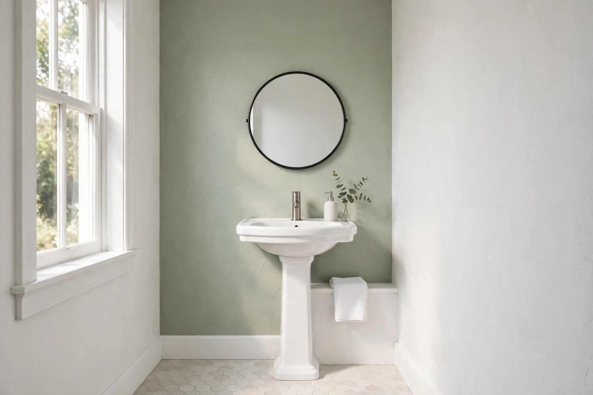 White pedestal sink and round mirror against a pale sage green wall with white side walls and a hex tile floor