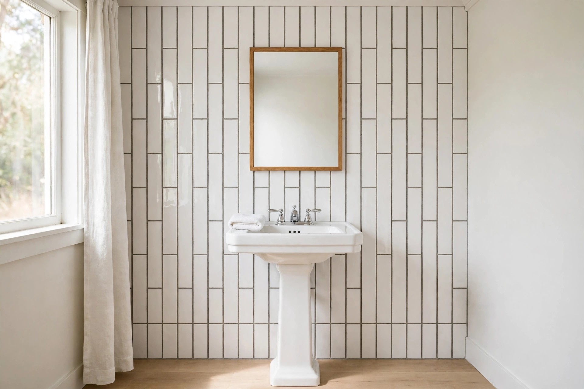 White pedestal sink and wood framed mirror against a wall of glossy white tiles laid vertically