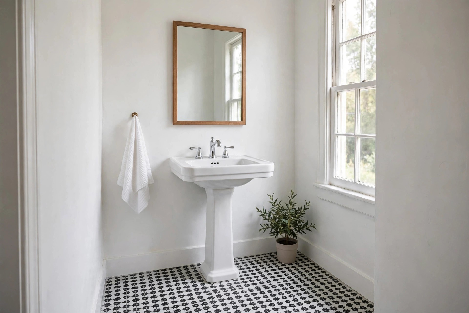 White pedestal sink below a wood framed mirror on a small black and white patterned tile floor beside a potted plant