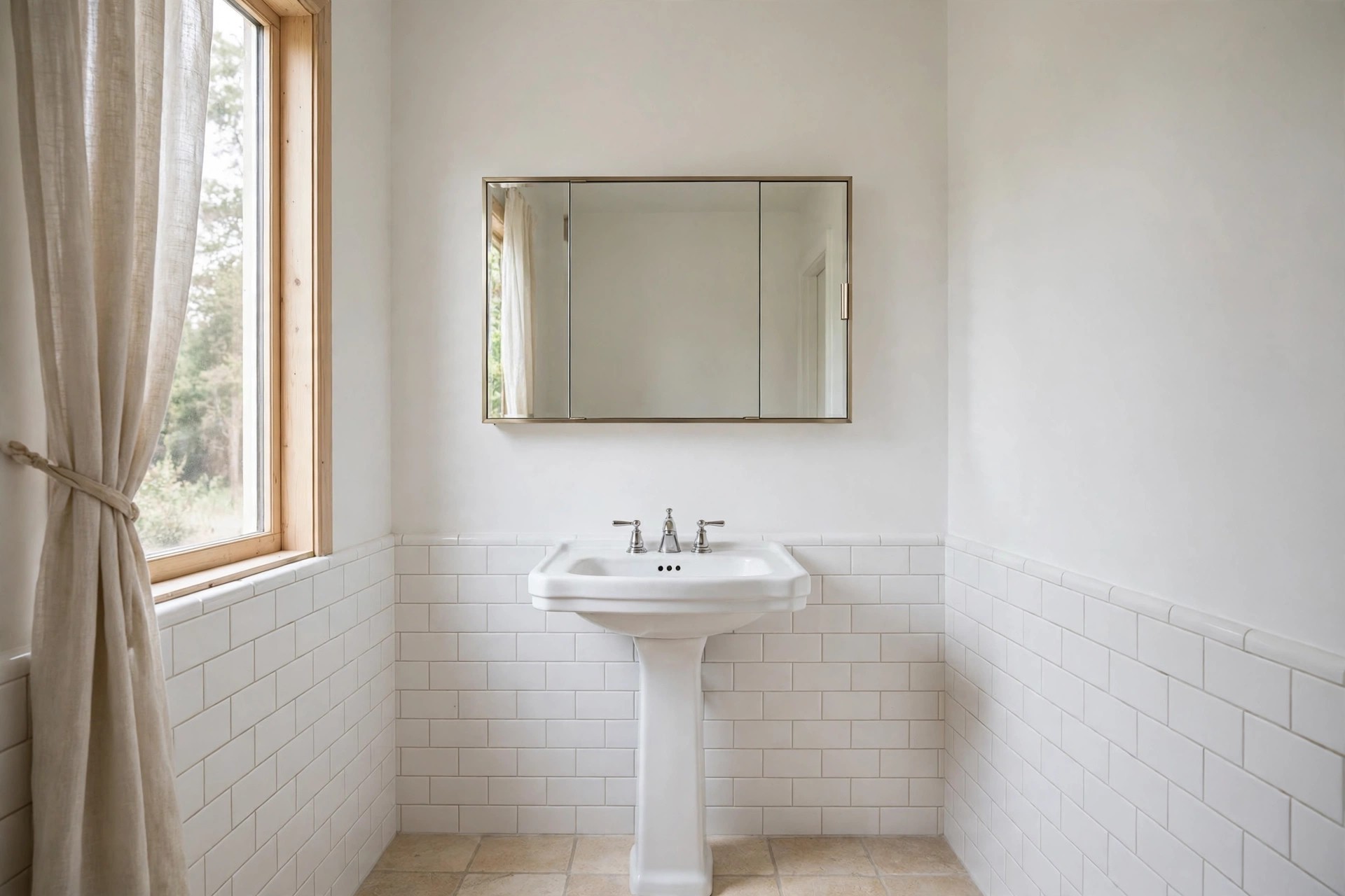 White pedestal sink below a wide three door mirrored cabinet above white subway tile wainscot