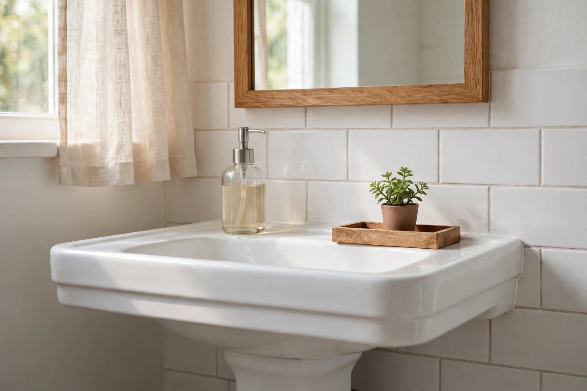 Close view of a white pedestal basin holding a soap dispenser and a small wood tray with a potted green plant