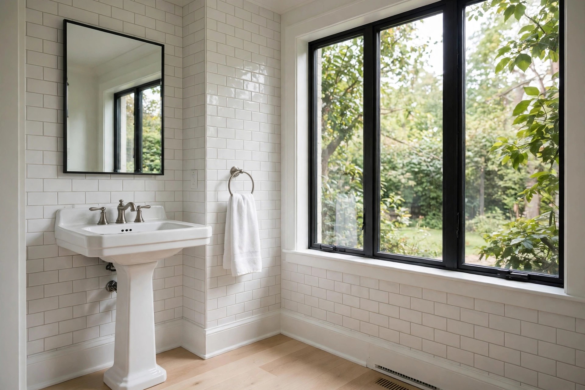 White pedestal sink beside a towel ring holding a white hand towel on a white subway tile wall near large windows