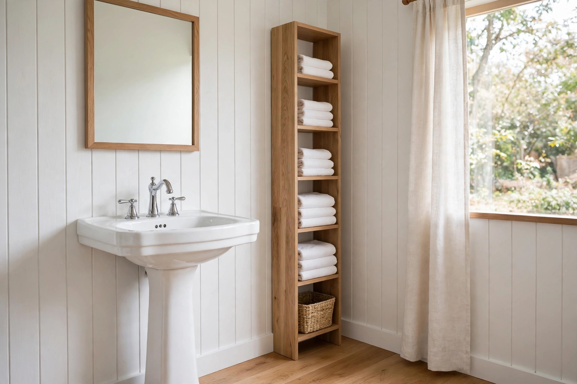 White pedestal sink beside a tall narrow wood shelf tower filled with folded white towels and a woven basket