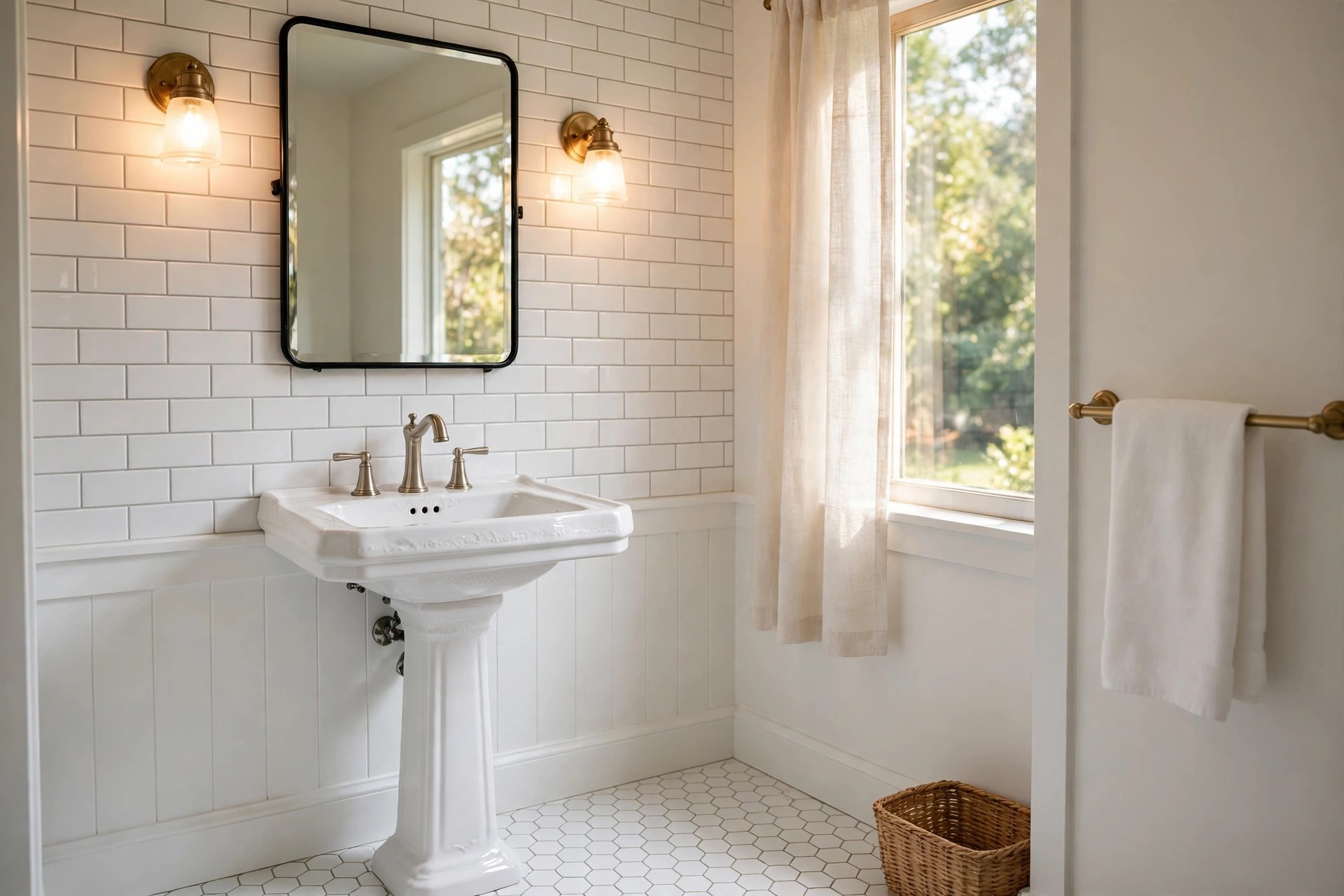 White pedestal sink below a mirror with two warm sconces on a white subway tile wall above a clean hex tile floor