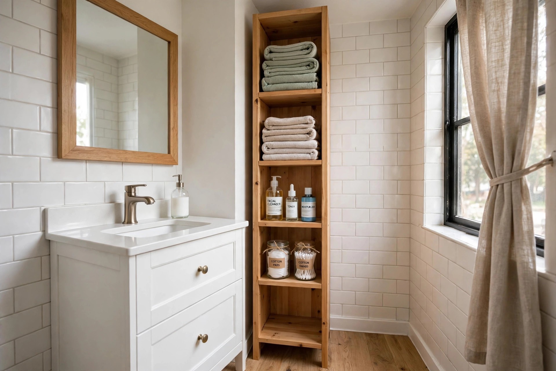 Wood tall narrow tower slid into the gap beside a white vanity, with folded towels, bottles and cotton jars on its shelves