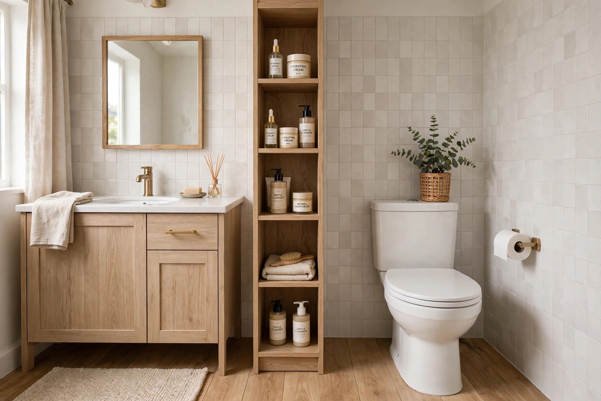 Light wood tall narrow tower standing between a wood vanity and a white toilet, holding skin care bottles and folded towels