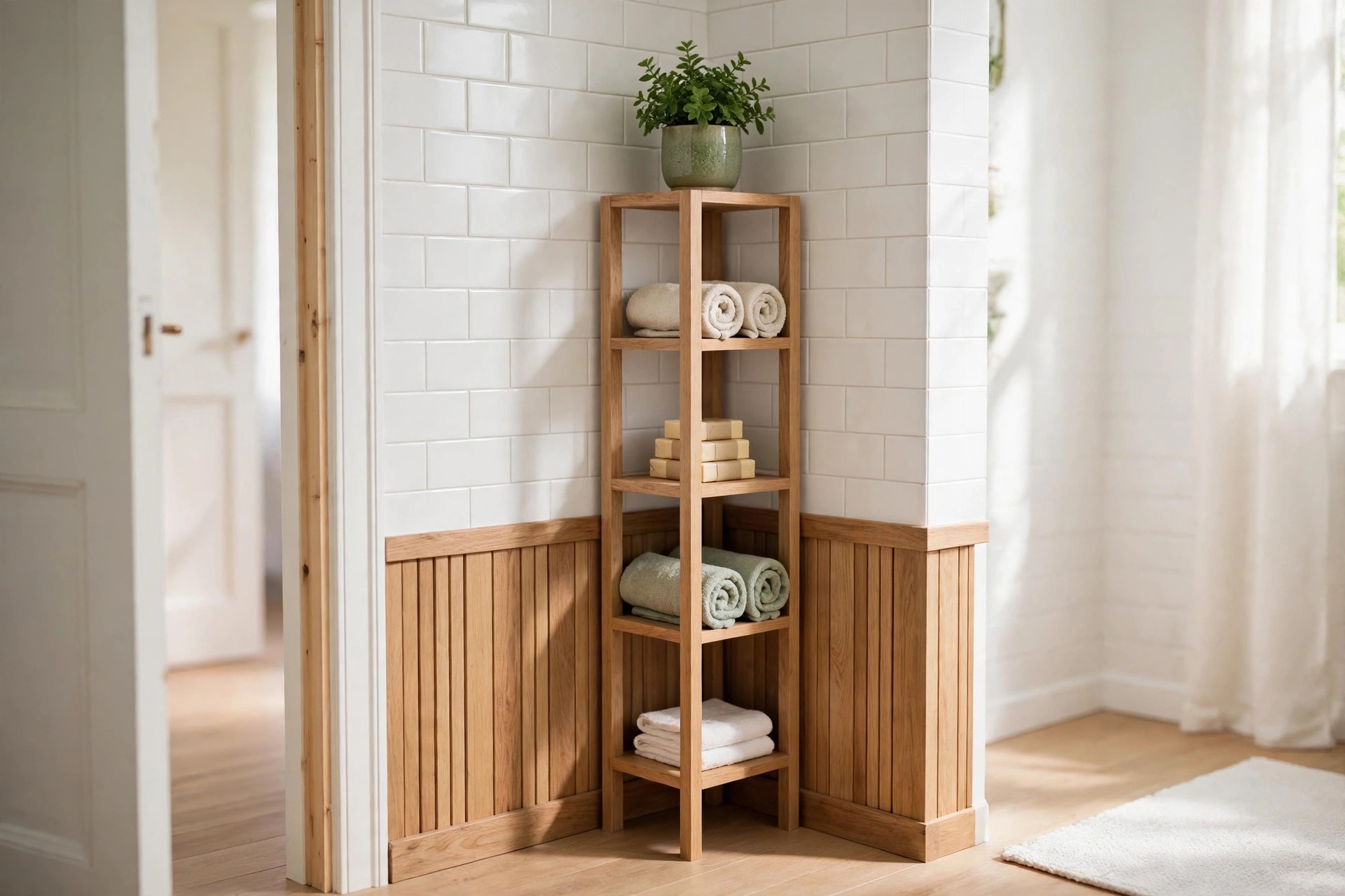 Open wood corner tower with rolled towels and stacked soap bars, topped with a potted green plant, against white tile and wood paneling