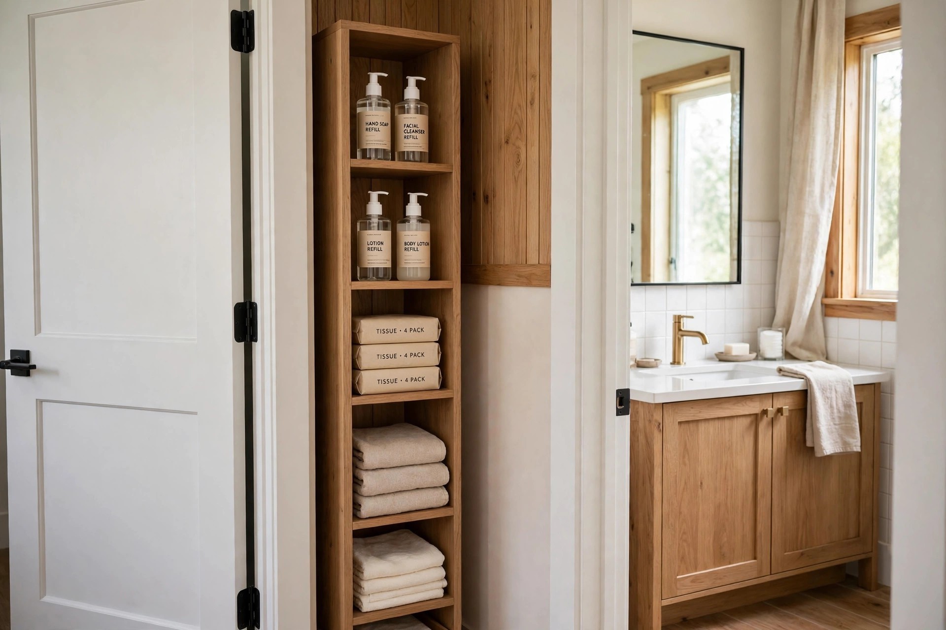 Wood tall narrow tower beside an open white bathroom door, stocked with refill bottles, tissue packs and folded towels