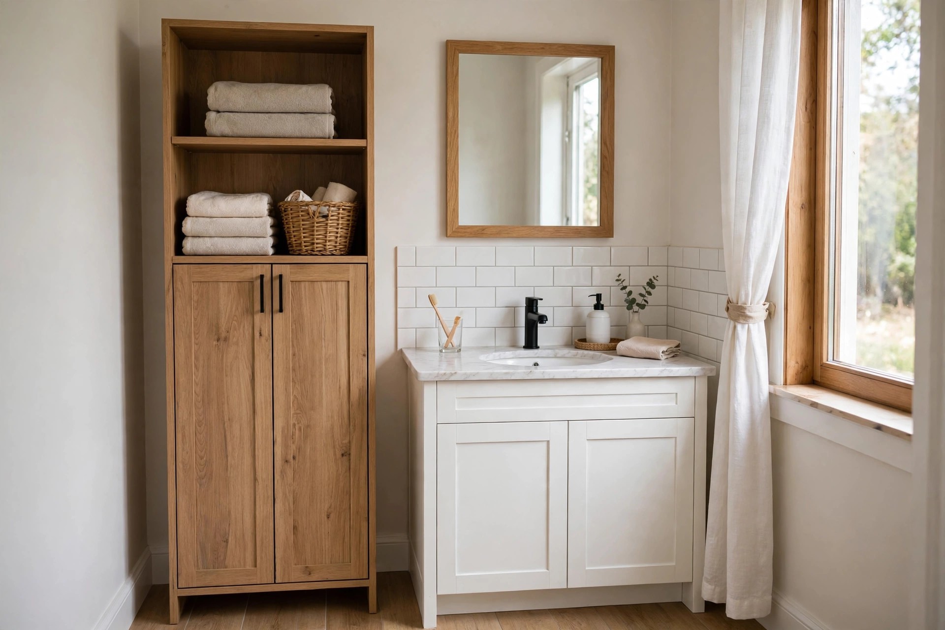 Oak tower with open top shelves holding folded towels and a woven basket above closed cabinet doors, beside a white vanity