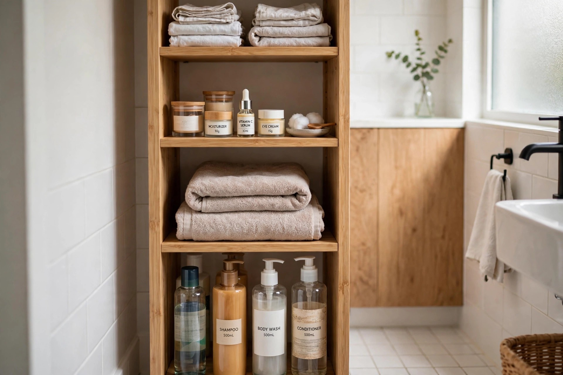 Close view of a wood tower with tall pump bottles on the lowest shelf, skin care jars in the middle and folded linens at the top