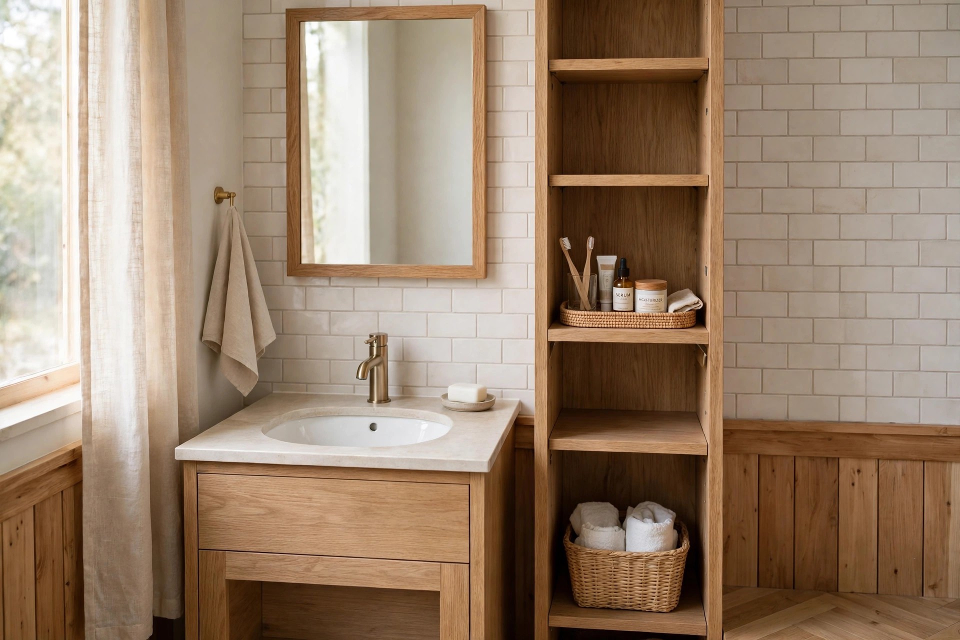 Wood tall narrow tower beside an oak vanity with a woven tray of toothbrushes and jars on the shelf at eye level