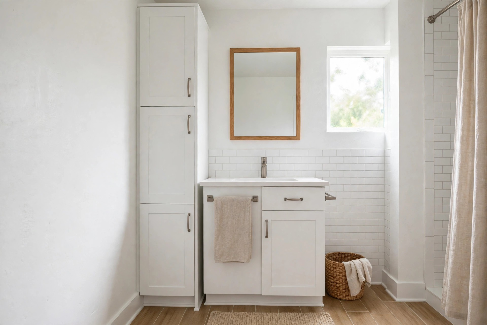 White three door tall narrow tower blending into a white wall beside a white vanity and wood framed mirror