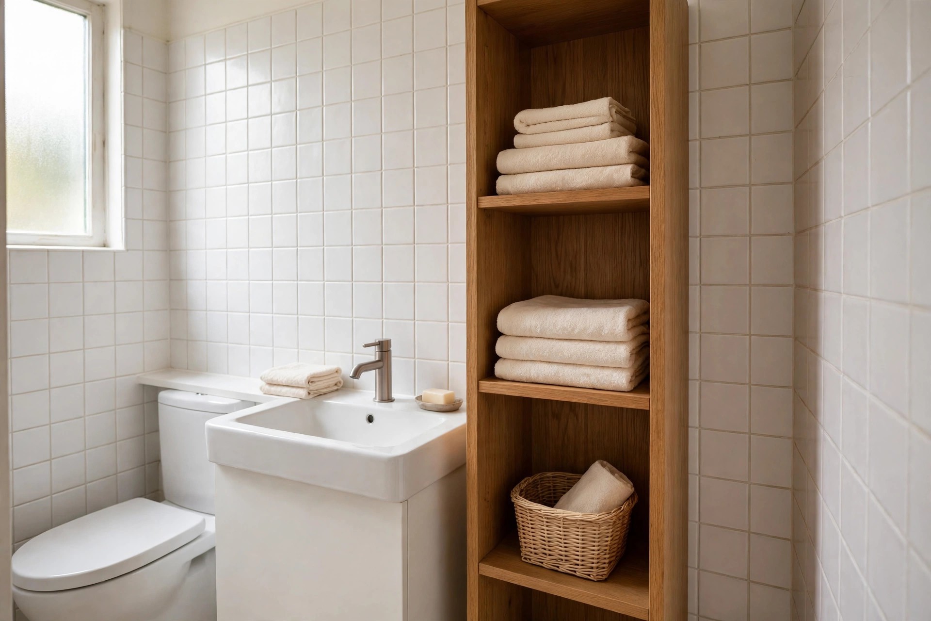 Warm oak tall narrow tower with folded cream towels and a woven basket beside a white sink and toilet in a white tiled bathroom