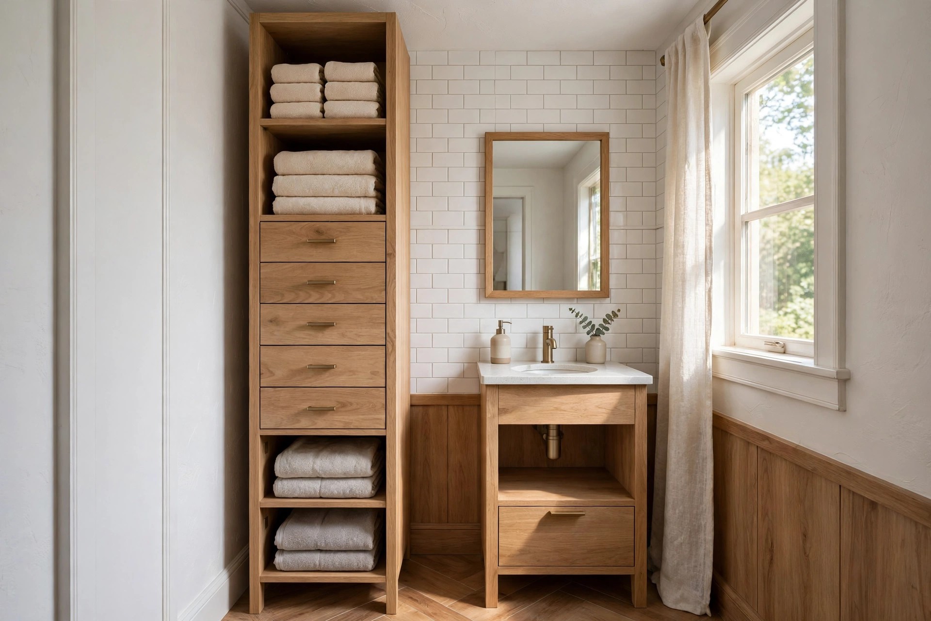 Oak tall narrow tower with five slim drawers in the middle and folded towels on shelves above and below, beside a wood vanity