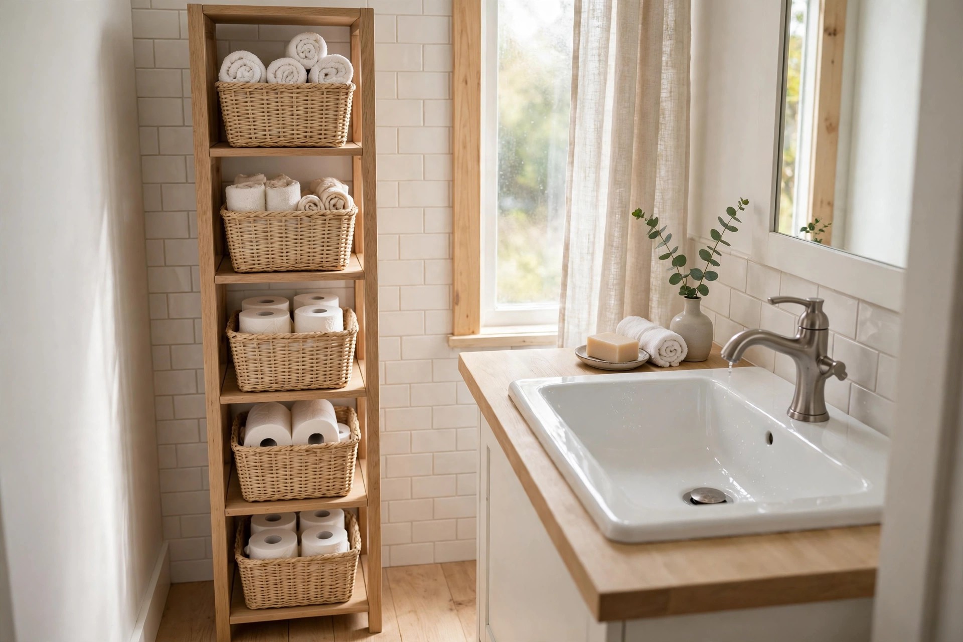 Open wood tower with matching woven baskets on every shelf holding rolled towels and spare toilet rolls beside a white sink
