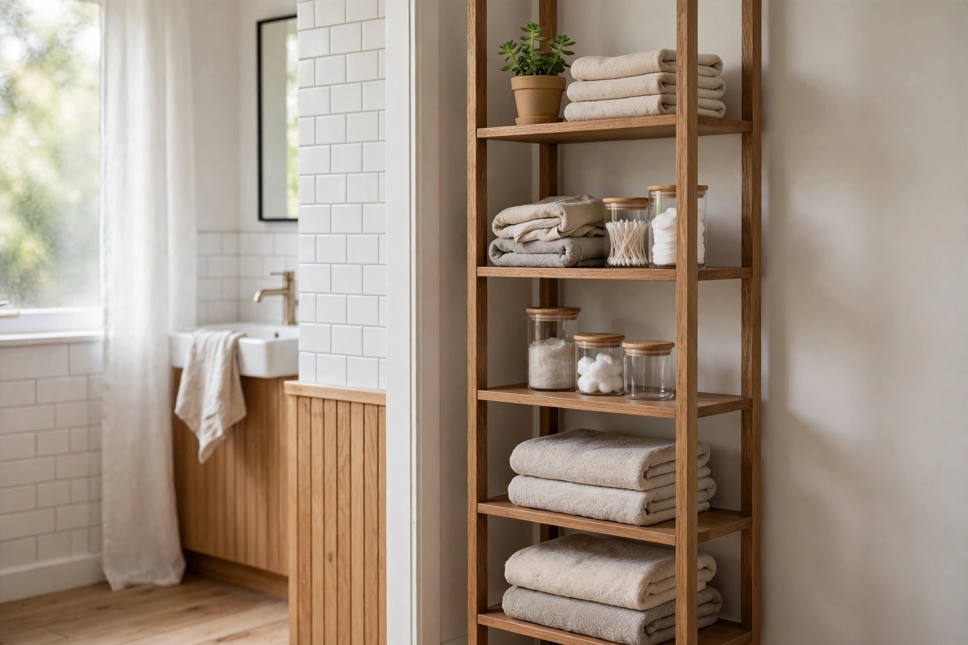 Wood ladder style tower with a small potted plant and folded pale towels on the top shelf and practical jars and towels below